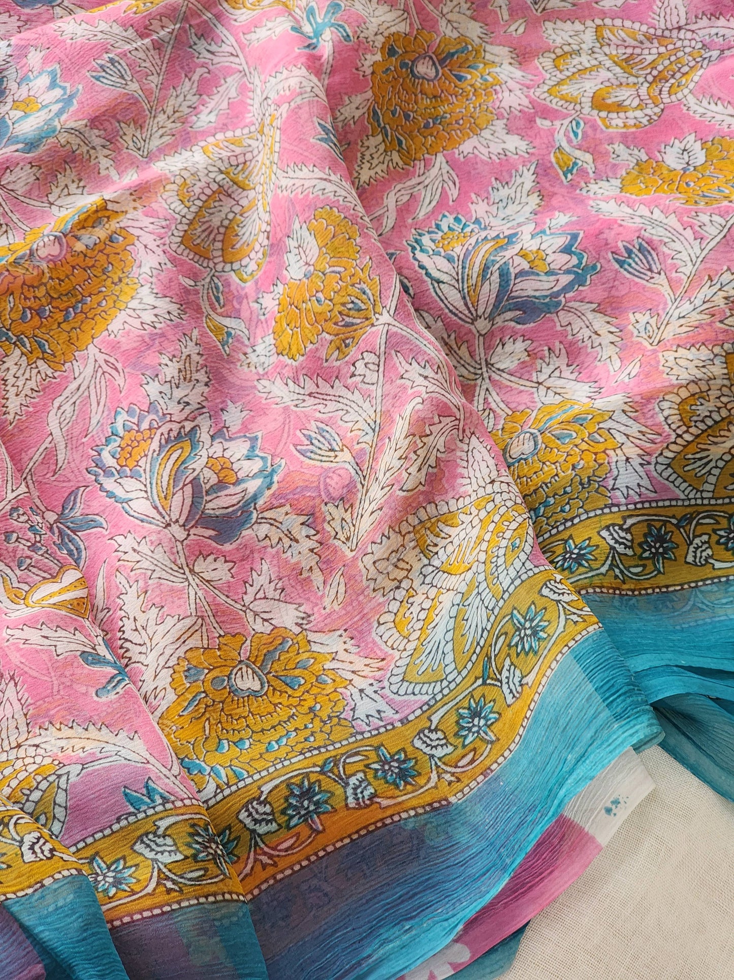 Pink Chiffon Handblock Saree