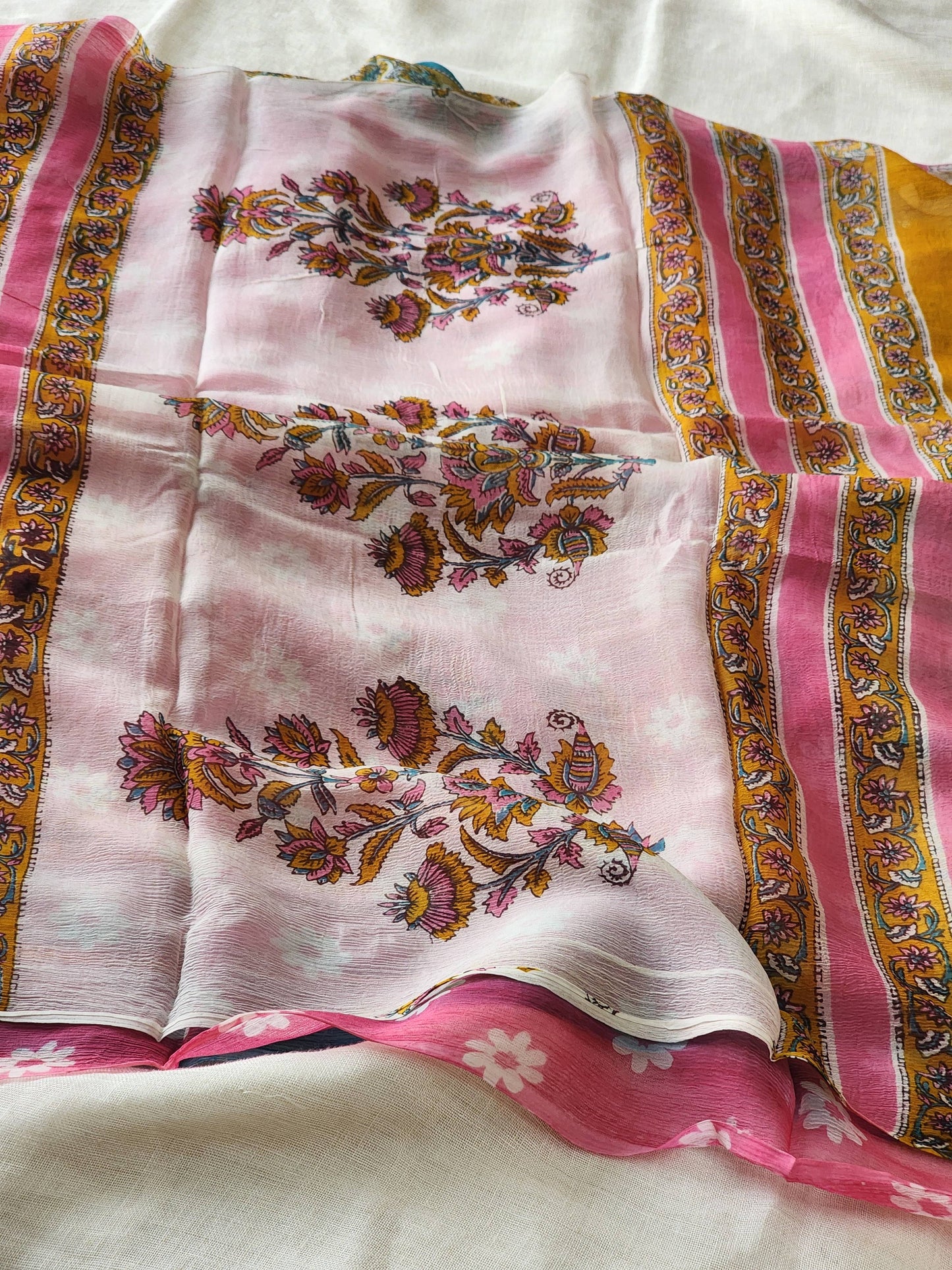 Pink Chiffon Handblock Saree