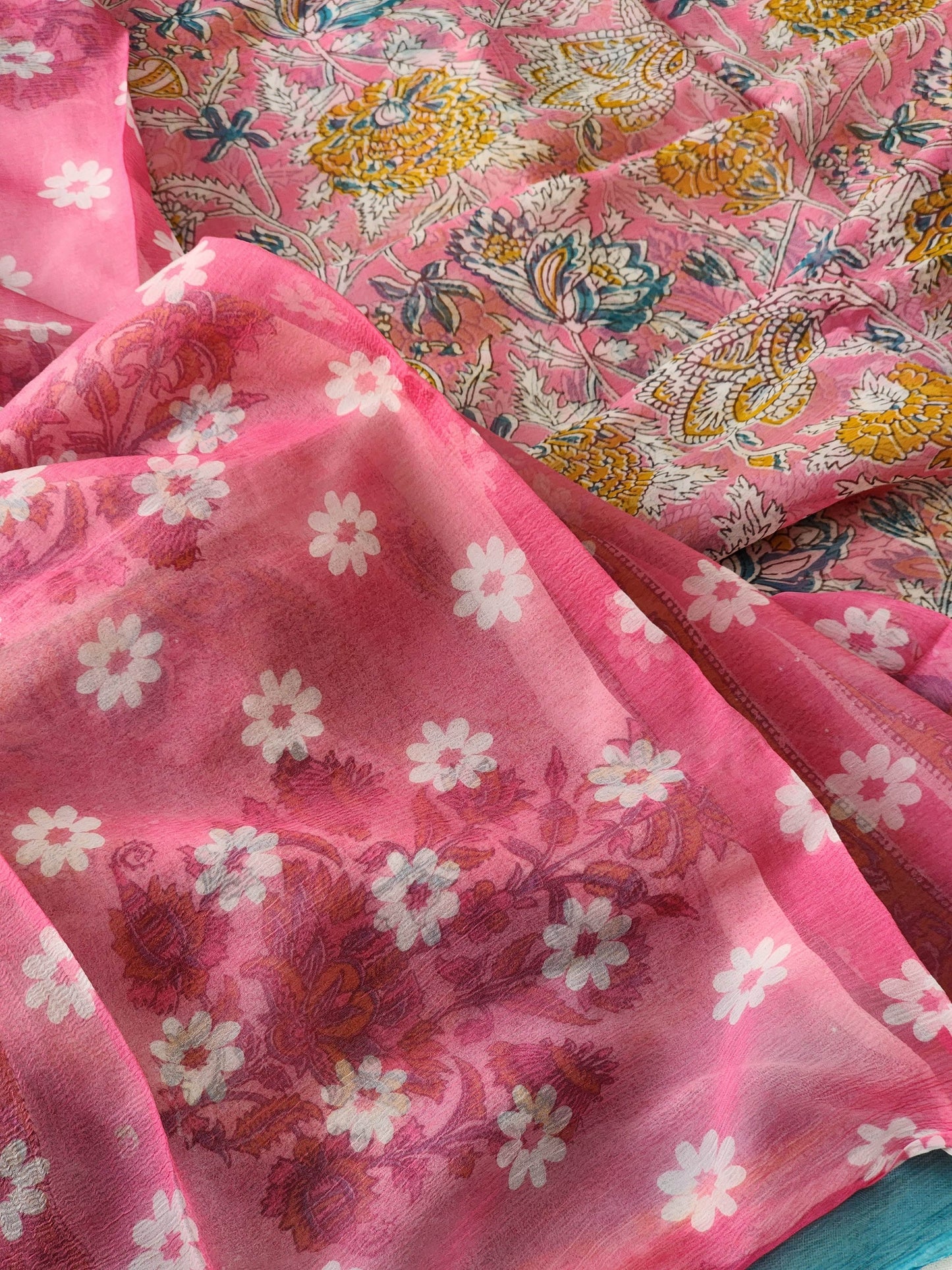 Pink Chiffon Handblock Saree