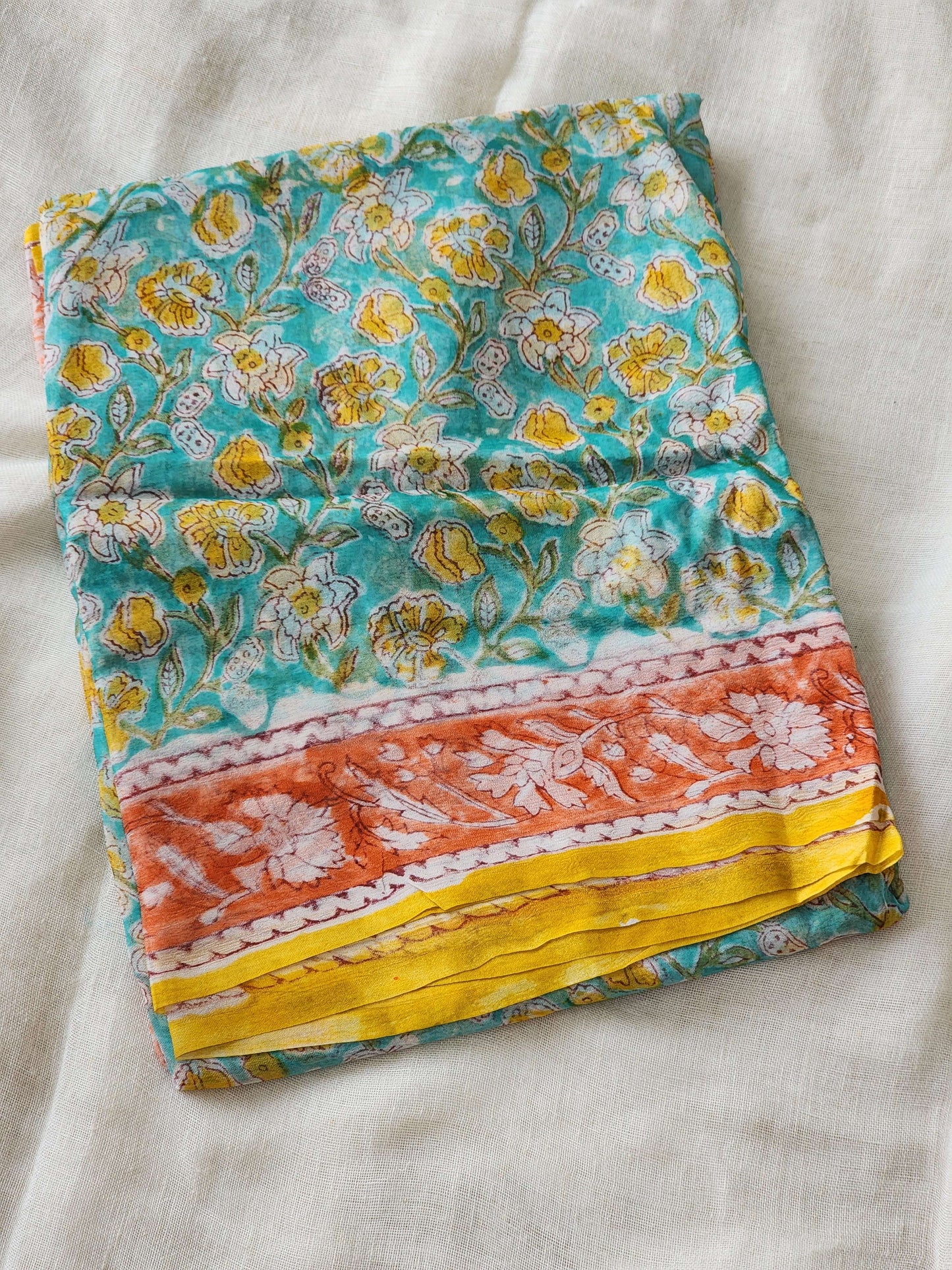 Sea Green Chiffon Handblock Saree