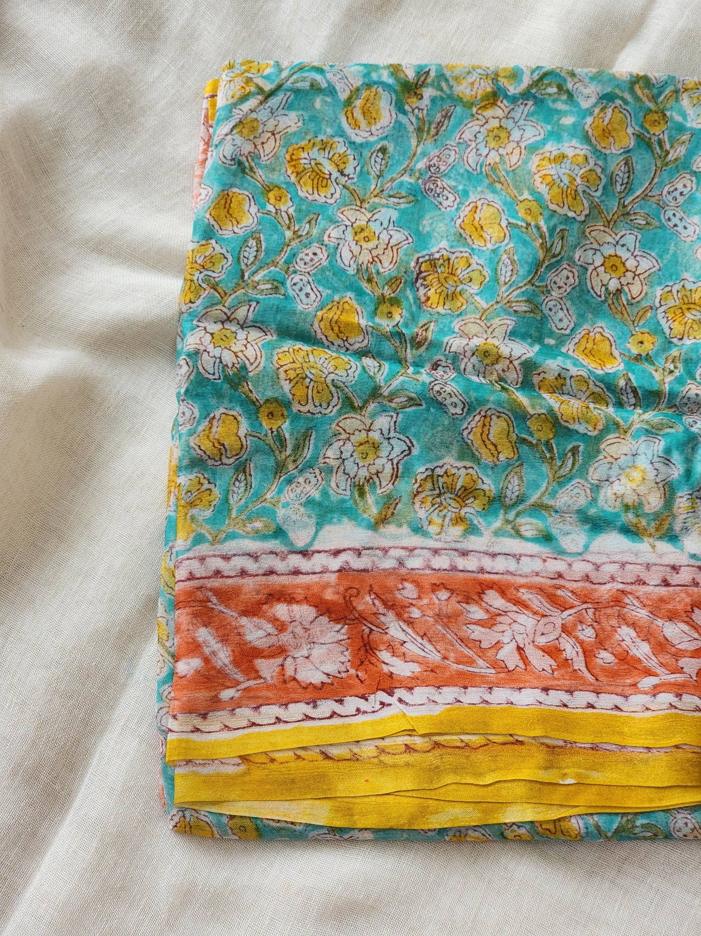 Sea Green Chiffon Handblock Saree