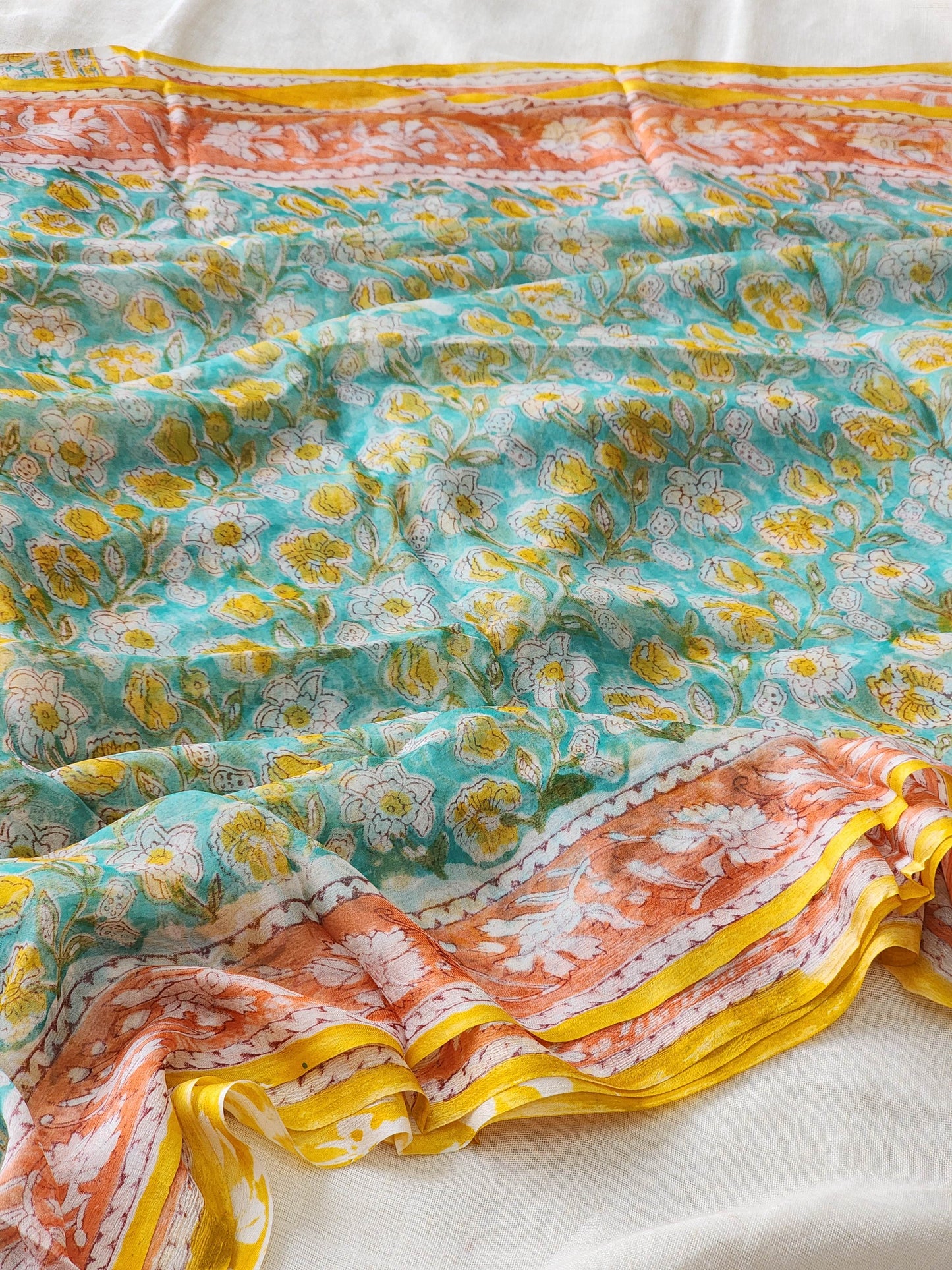 Sea Green Chiffon Handblock Saree