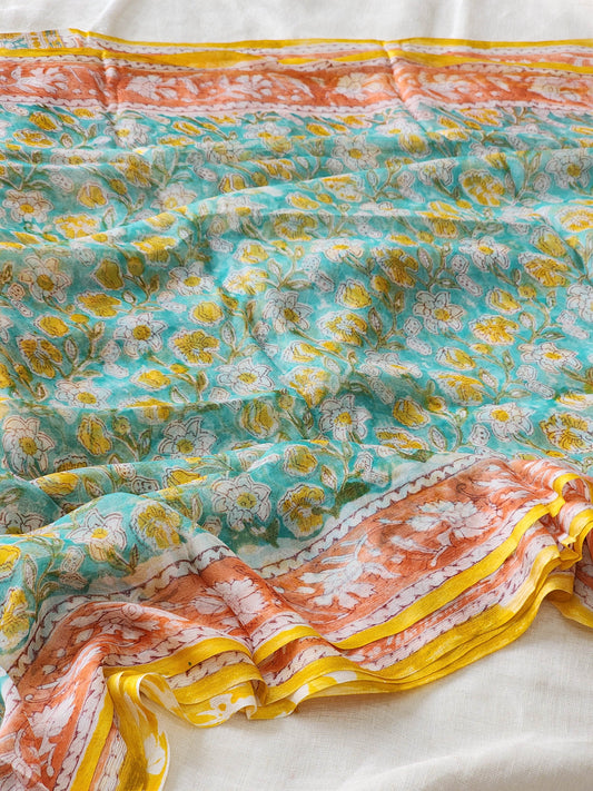 Sea Green Chiffon Handblock Saree