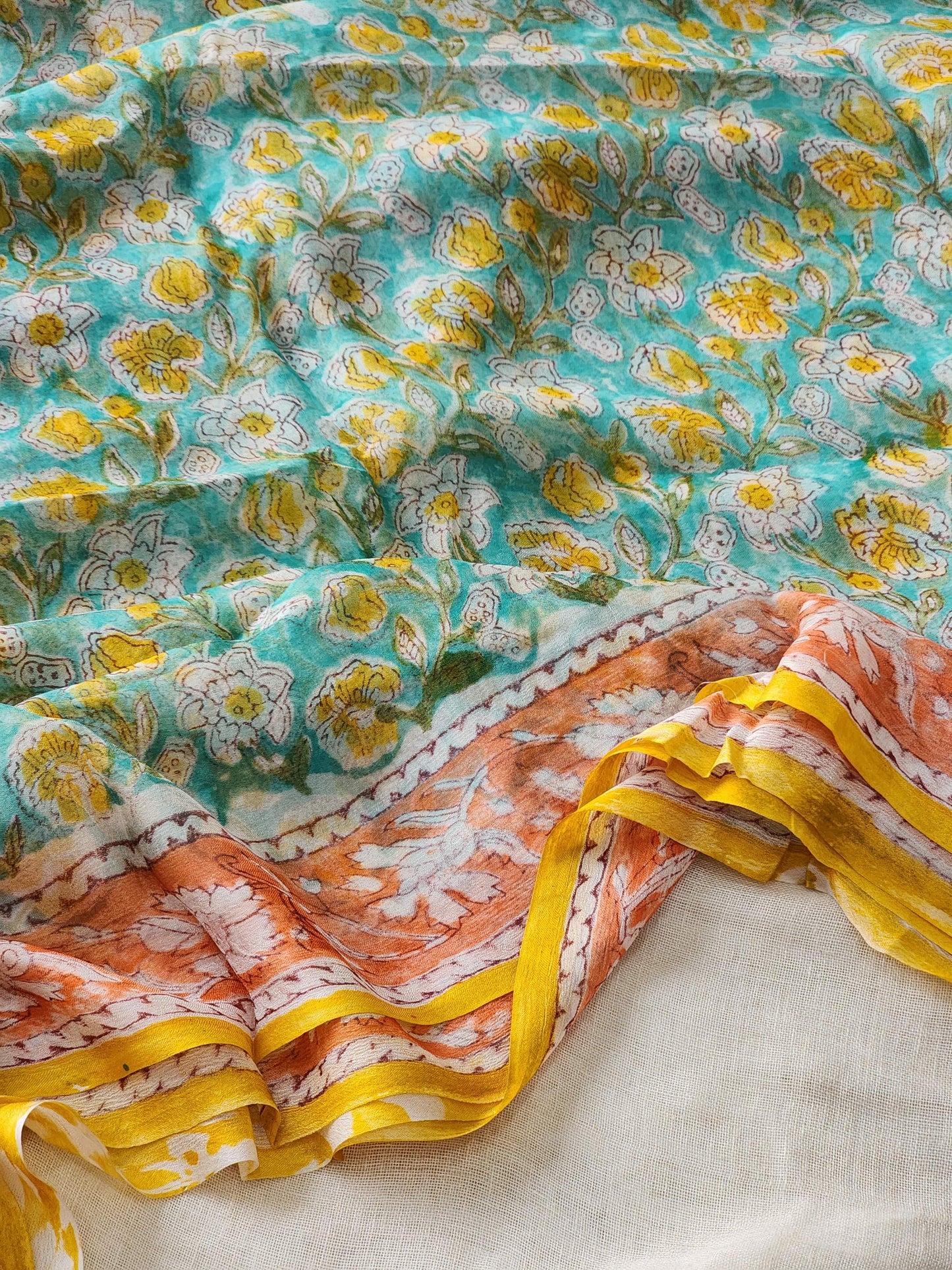 Sea Green Chiffon Handblock Saree