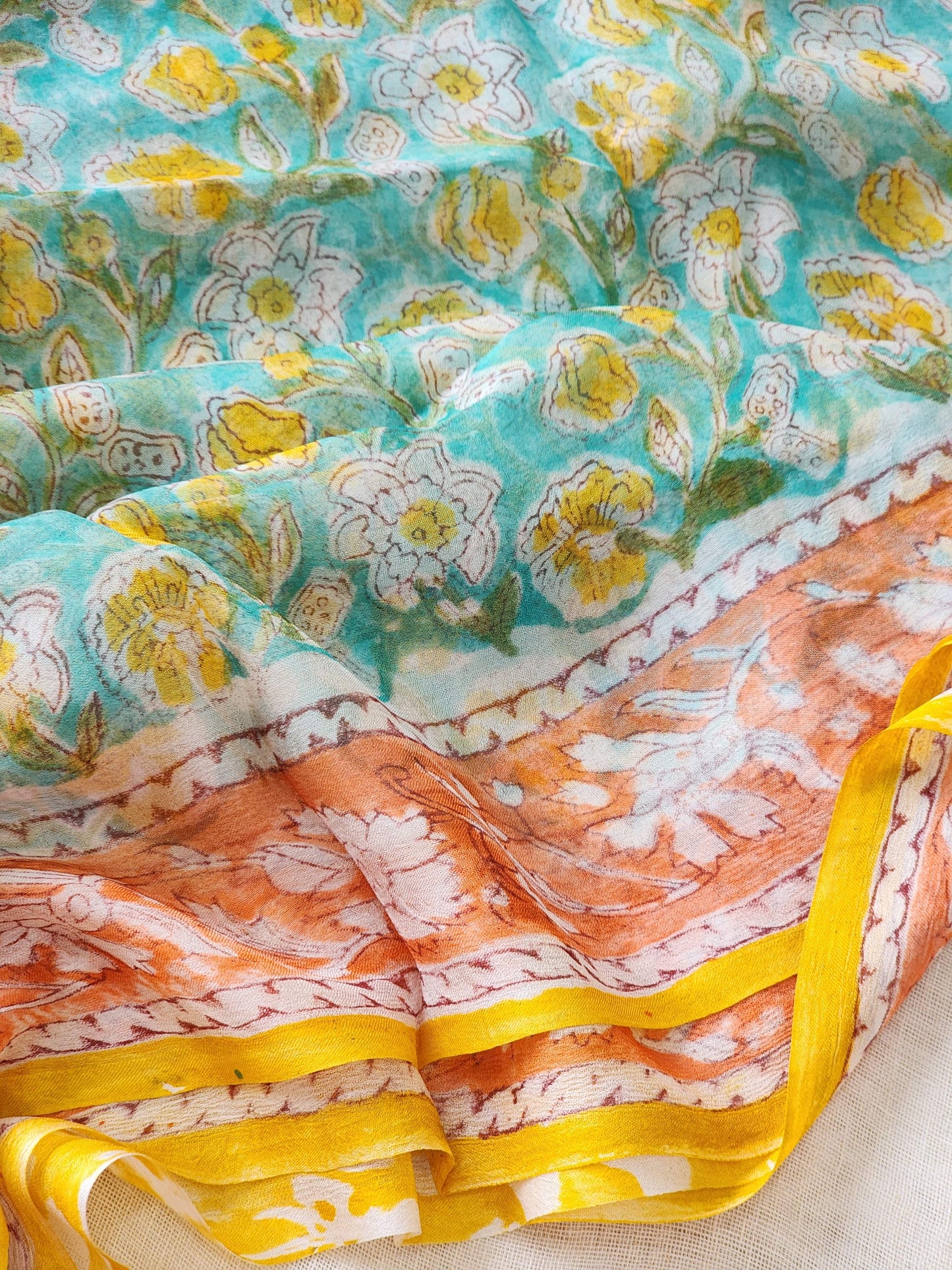 Sea Green Chiffon Handblock Saree
