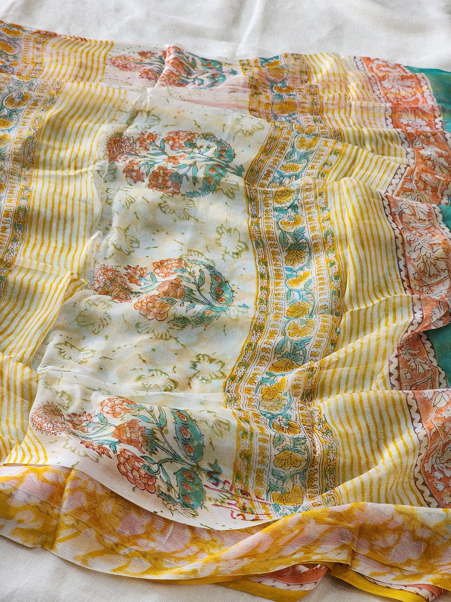 Sea Green Chiffon Handblock Saree