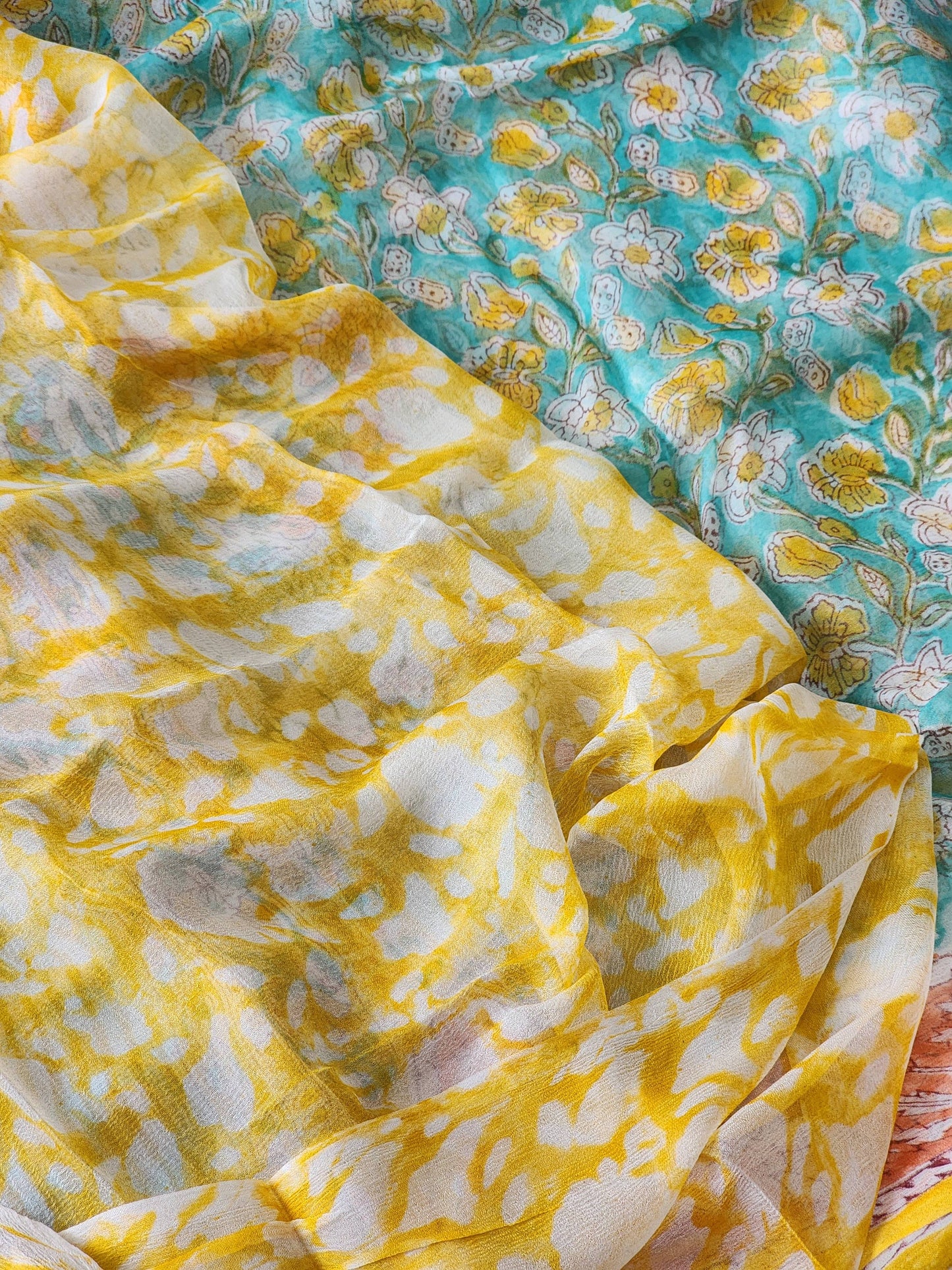 Sea Green Chiffon Handblock Saree