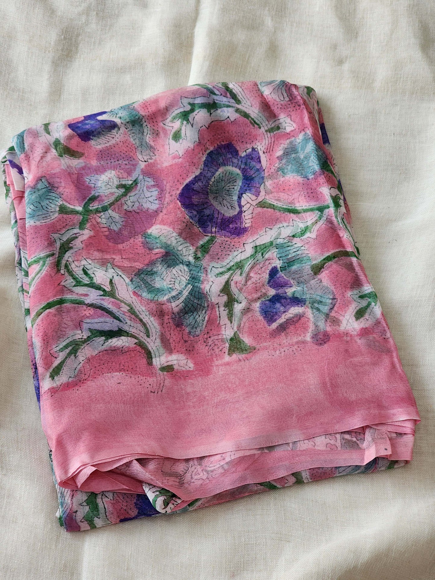 Pink Chiffon Handblock Saree