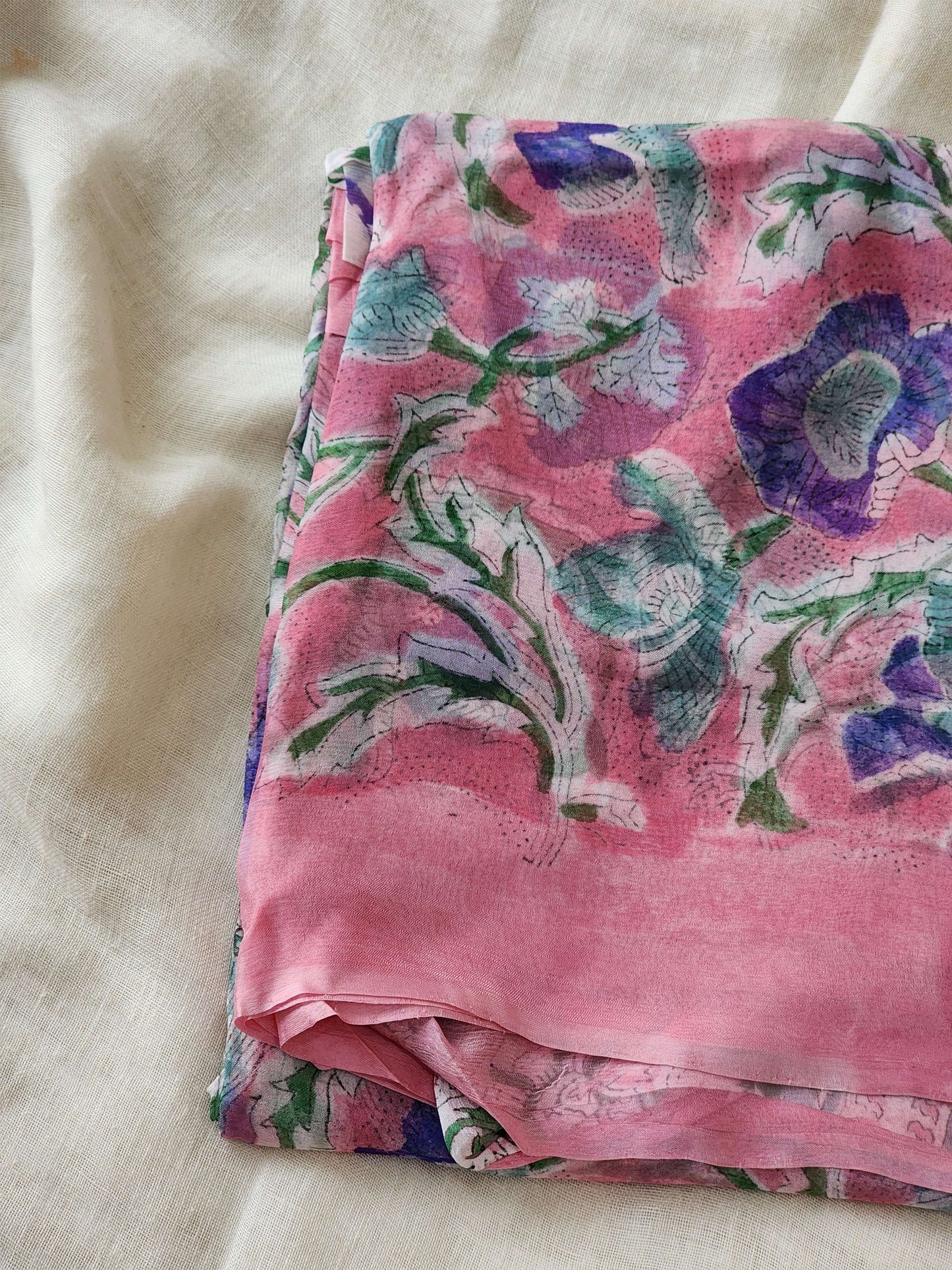 Pink Chiffon Handblock Saree