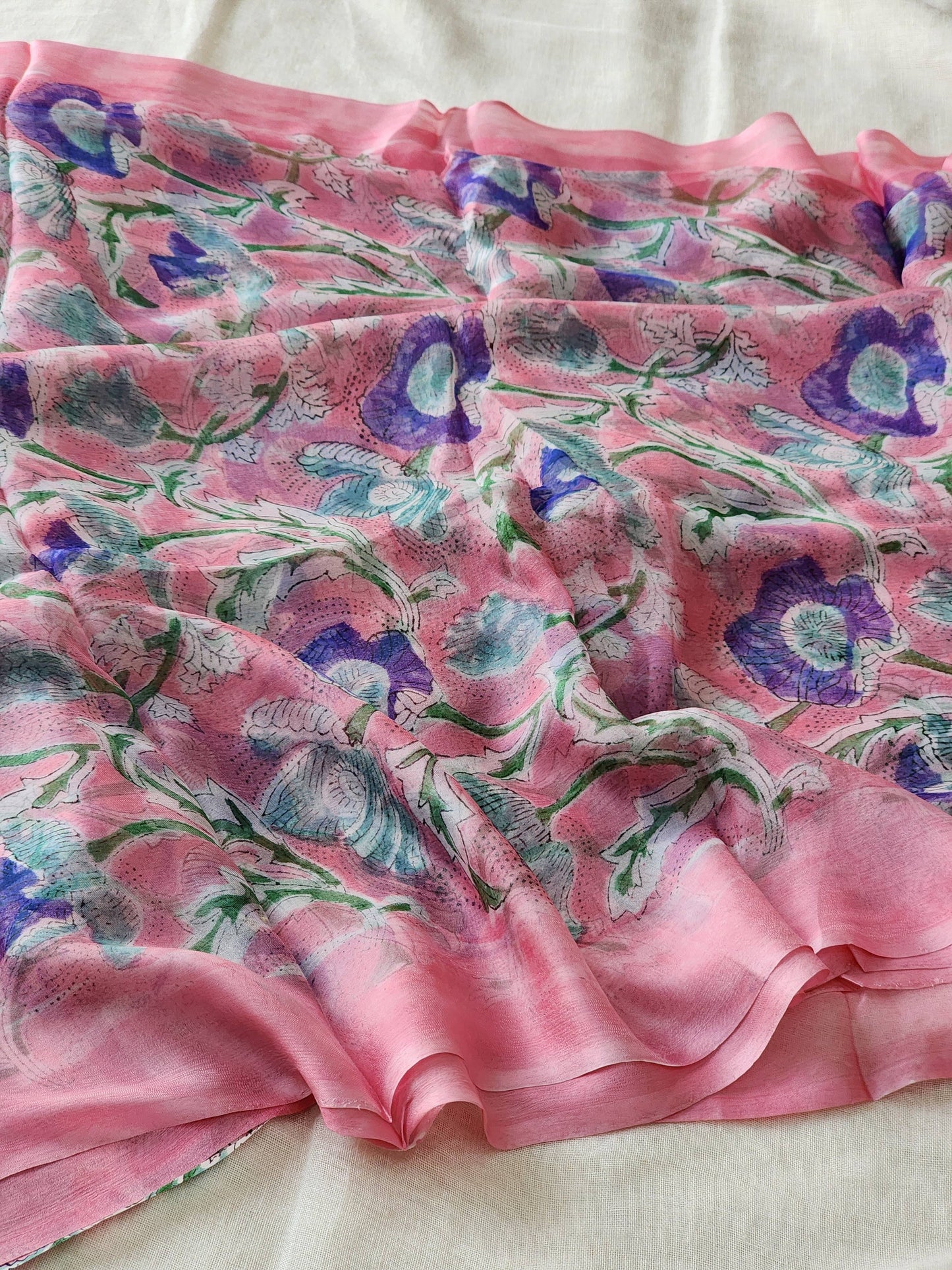 Pink Chiffon Handblock Saree