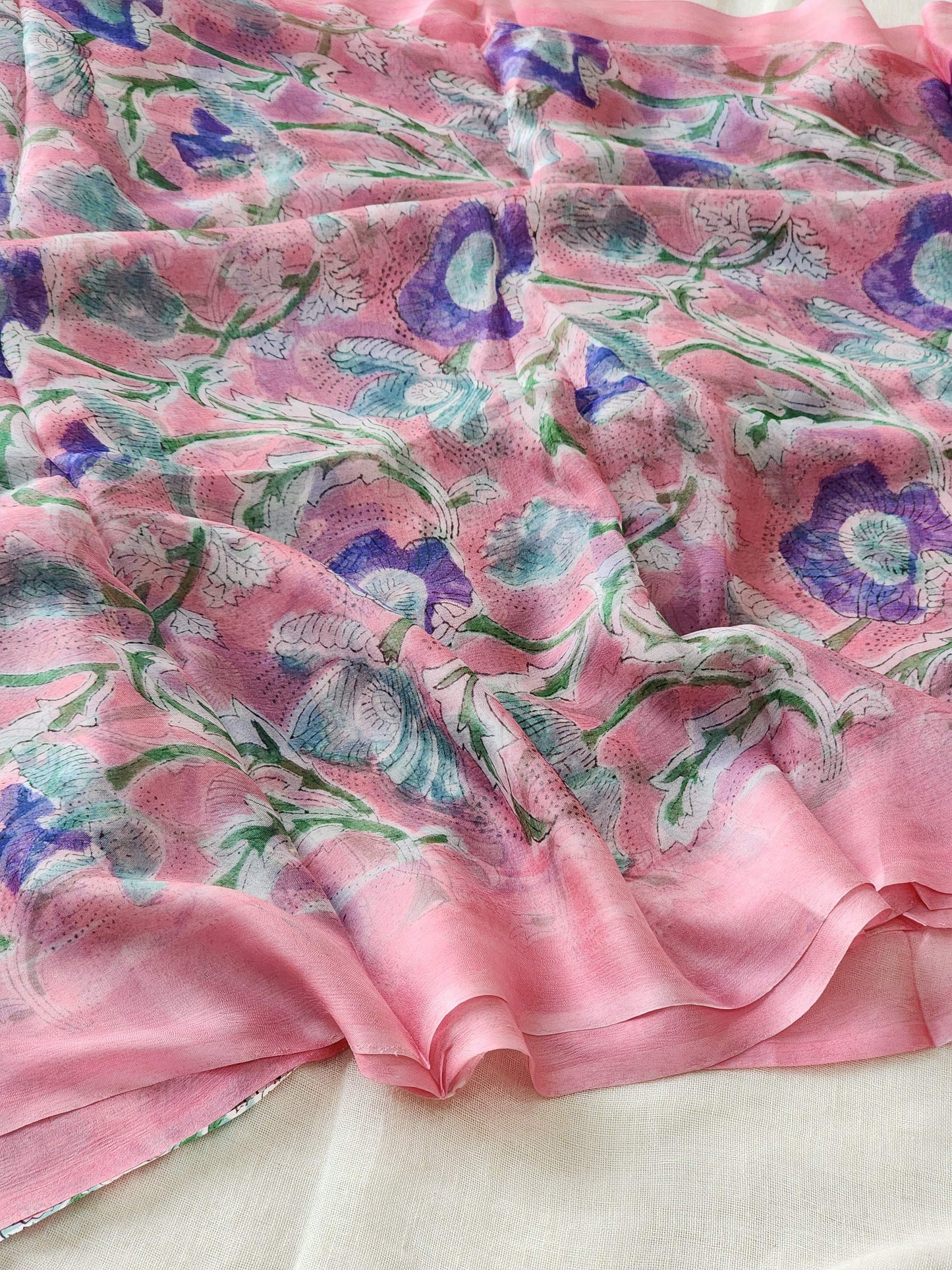 Pink Chiffon Handblock Saree