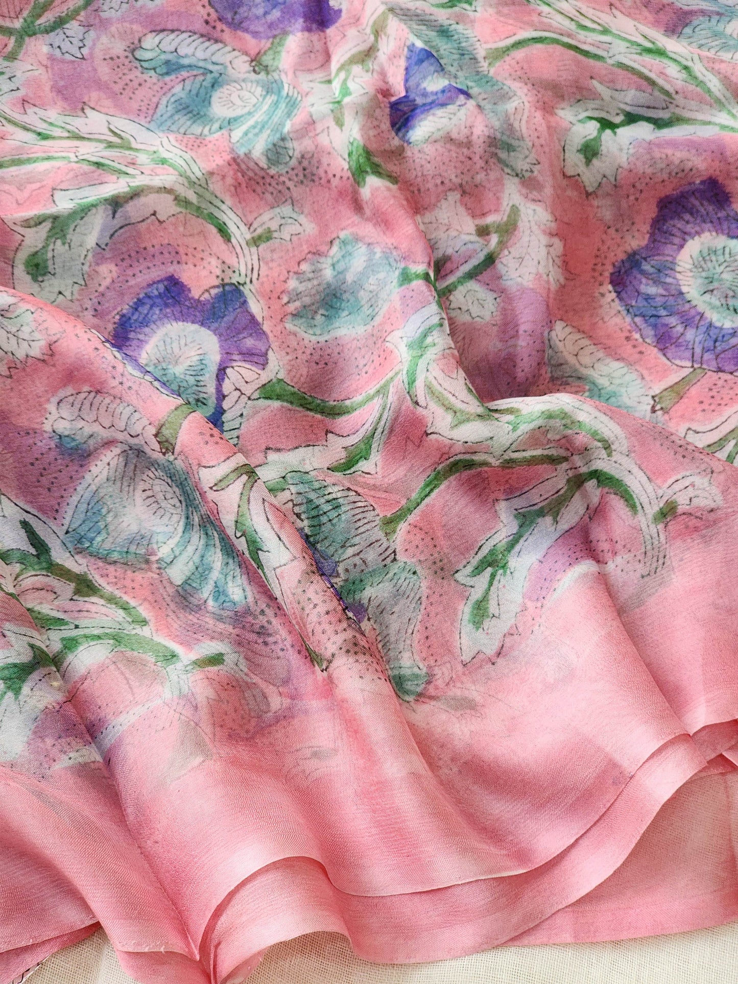 Pink Chiffon Handblock Saree
