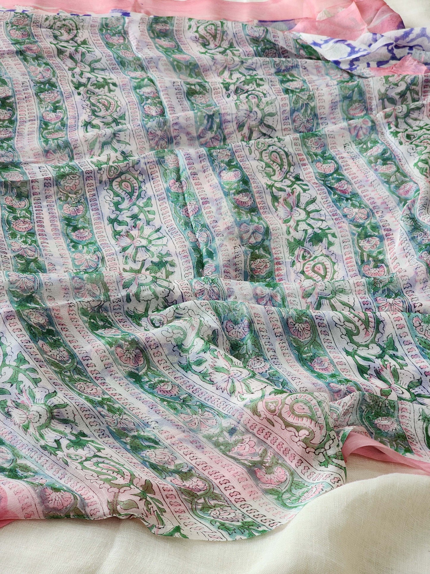 Pink Chiffon Handblock Saree
