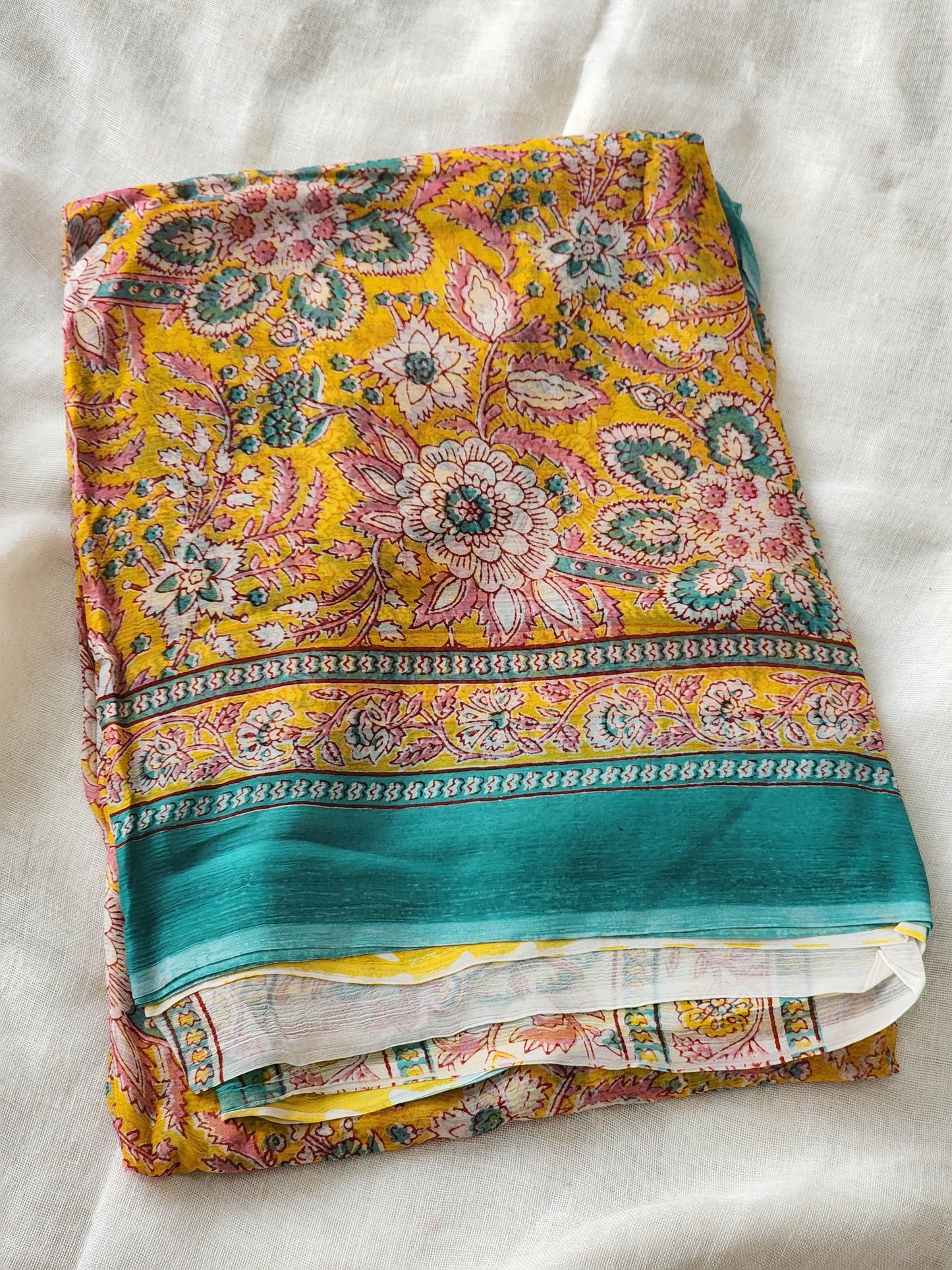 Yellow Chiffon Handblock Saree
