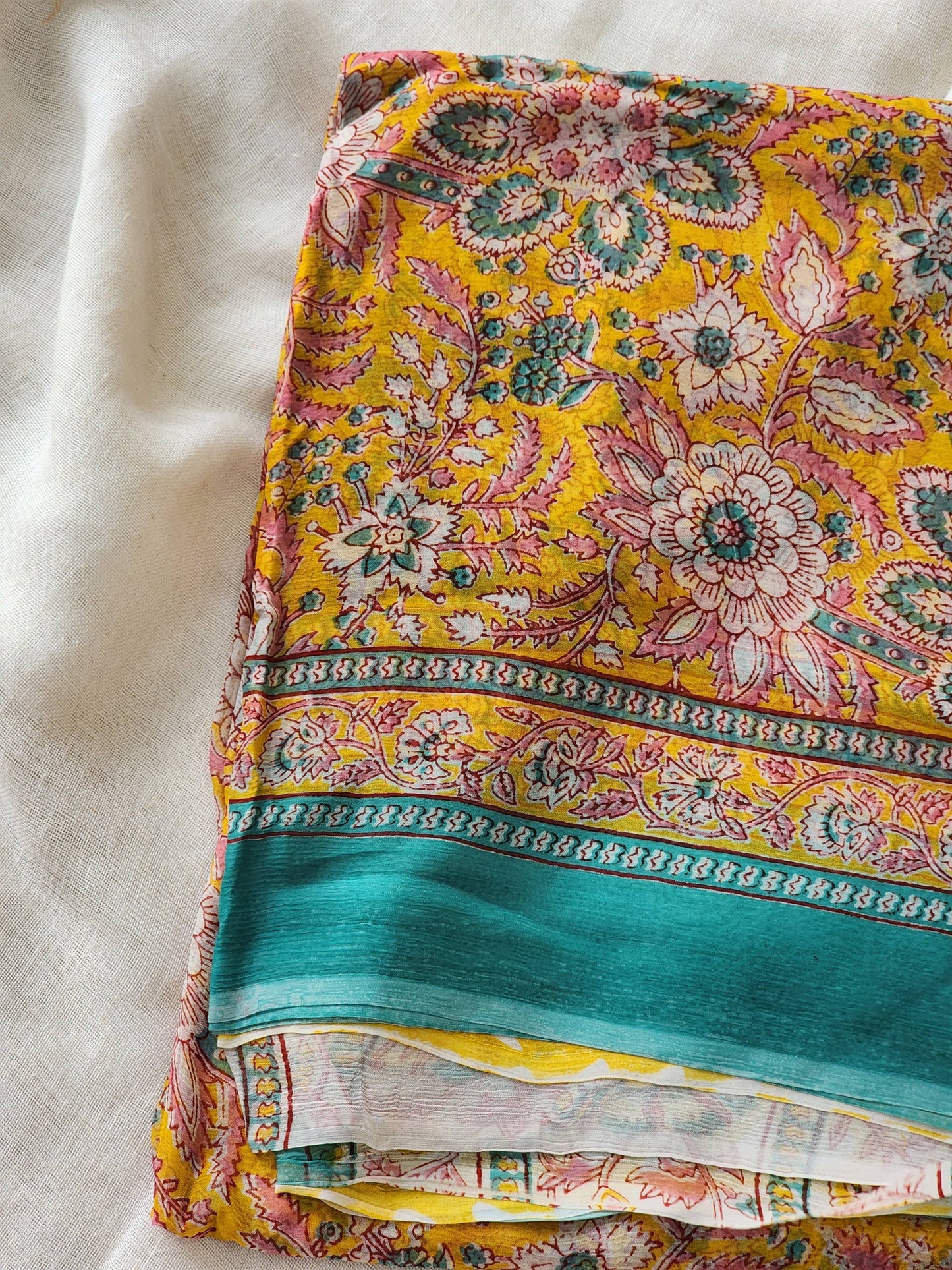 Yellow Chiffon Handblock Saree