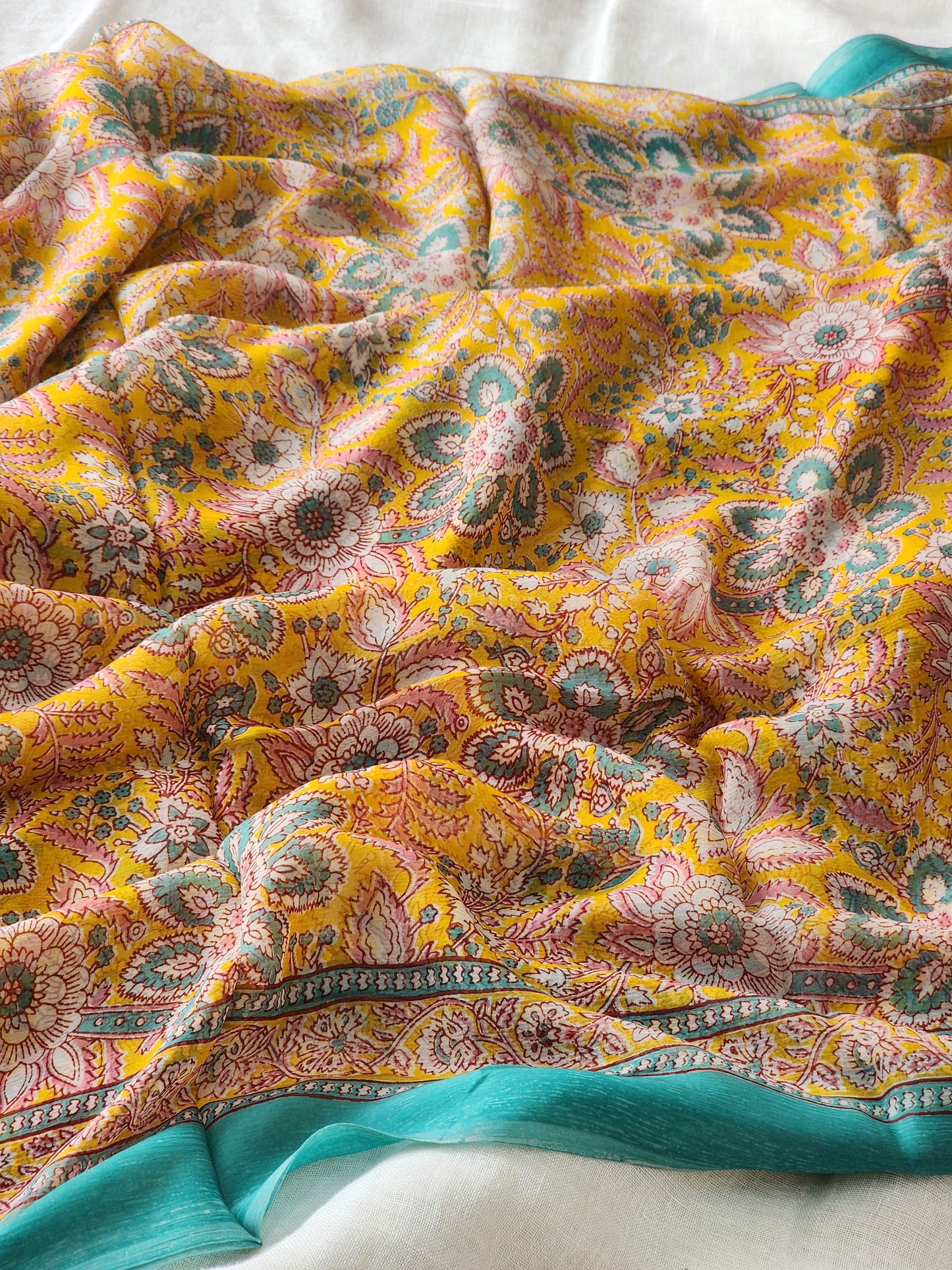 Yellow Chiffon Handblock Saree