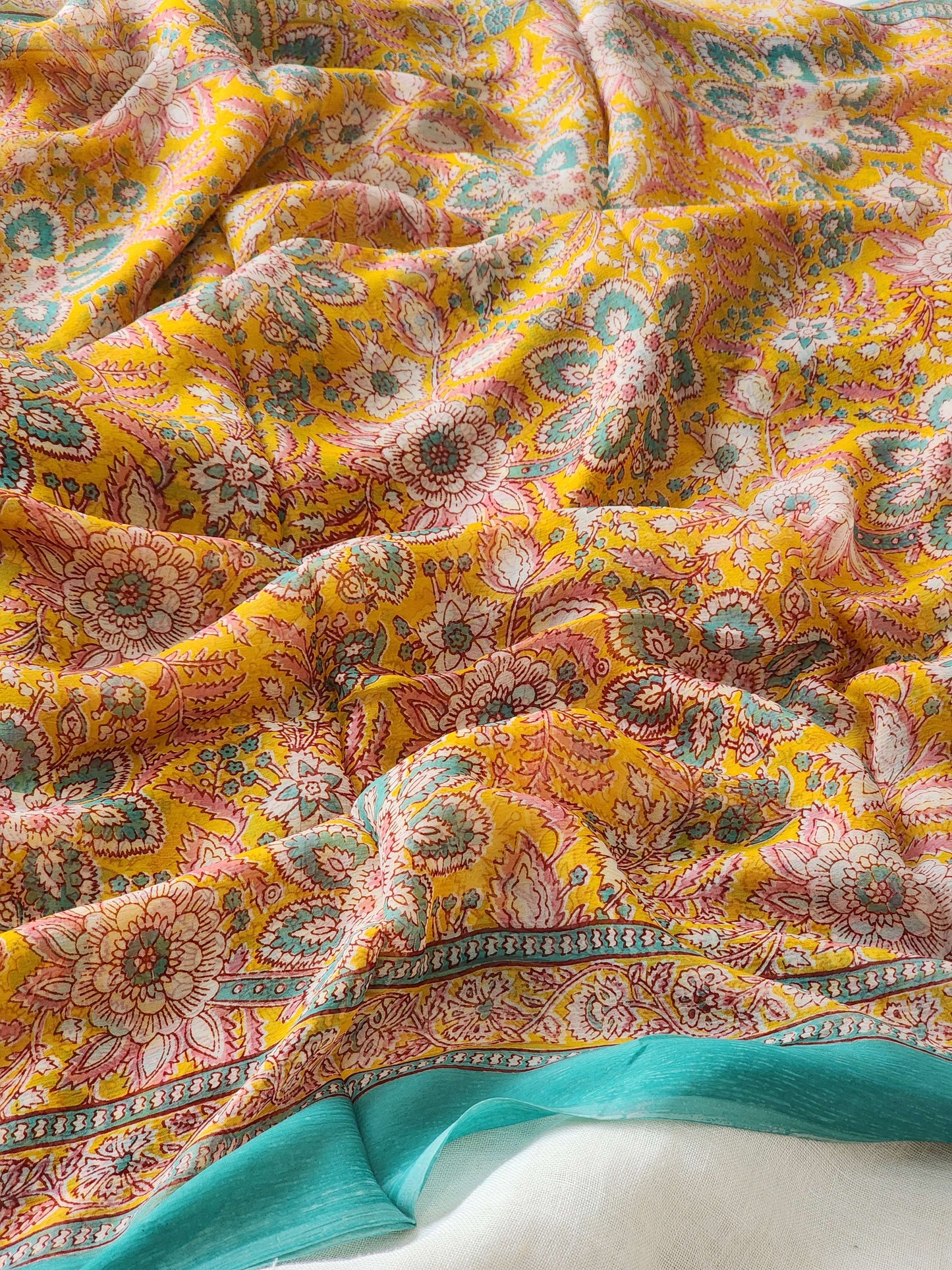 Yellow Chiffon Handblock Saree