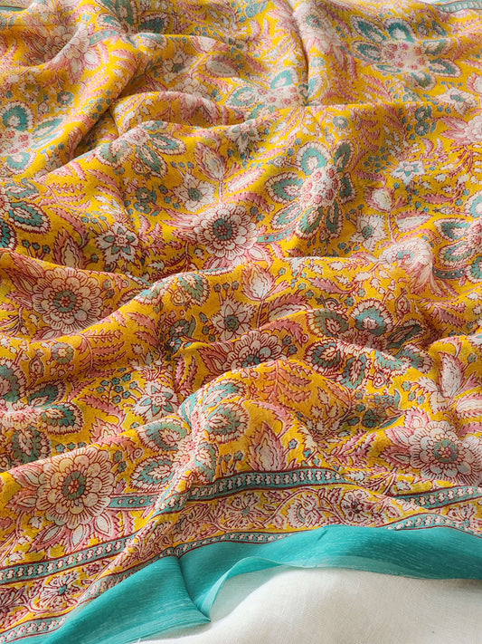 Yellow Chiffon Handblock Saree