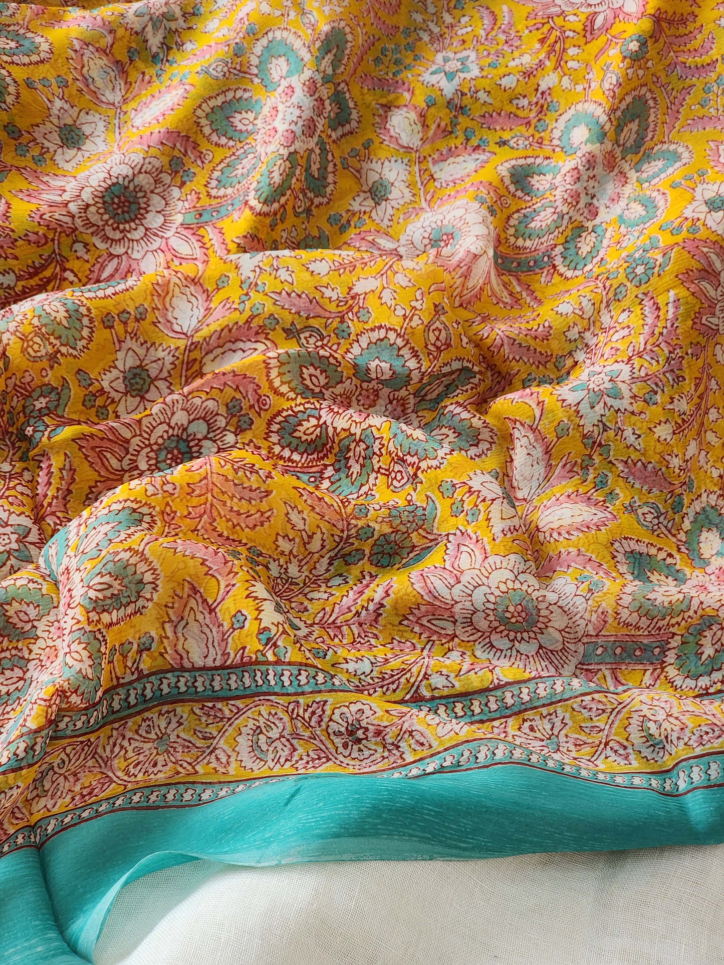 Yellow Chiffon Handblock Saree