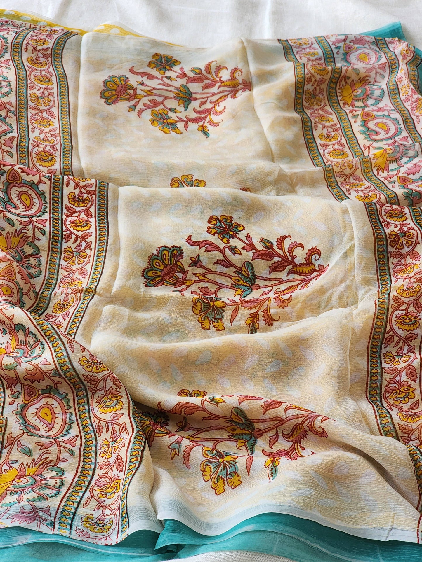 Yellow Chiffon Handblock Saree