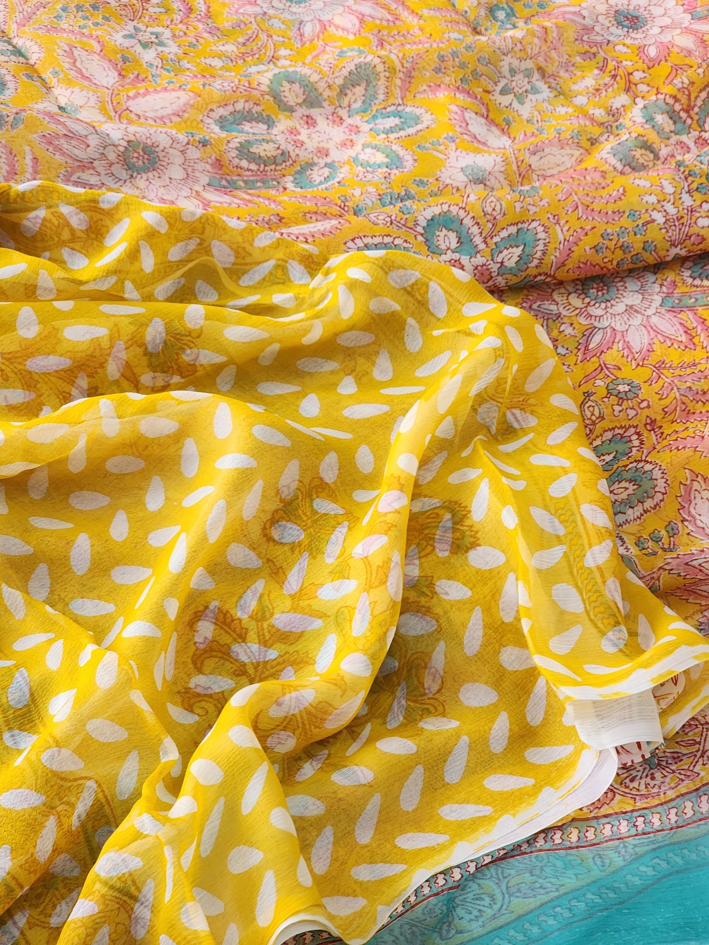 Yellow Chiffon Handblock Saree