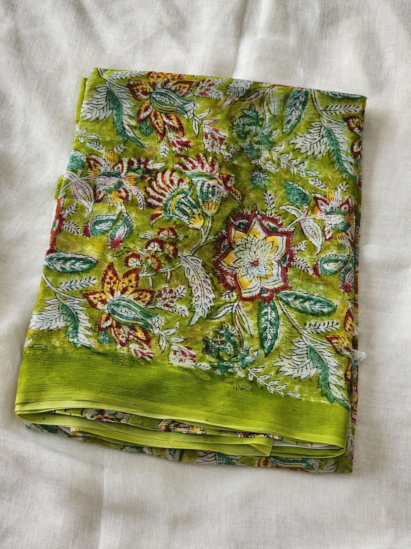 Green Chiffon Handblock Saree