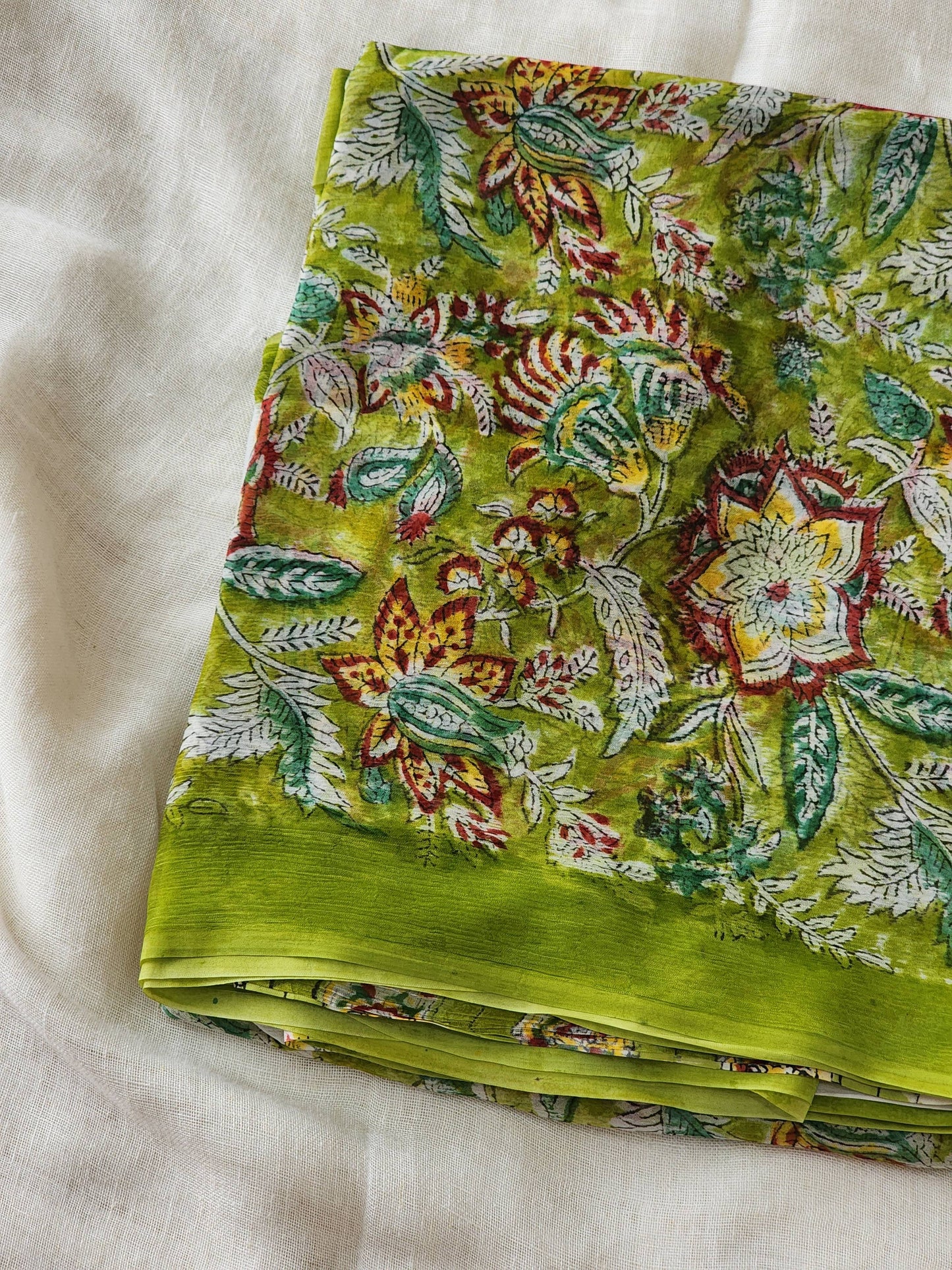 Green Chiffon Handblock Saree