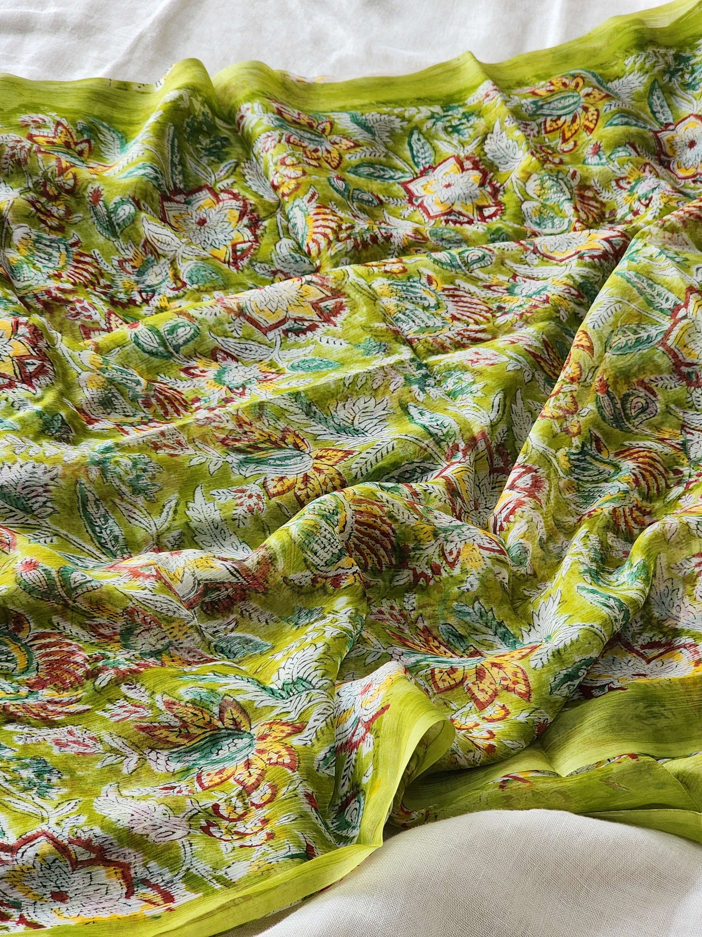 Green Chiffon Handblock Saree