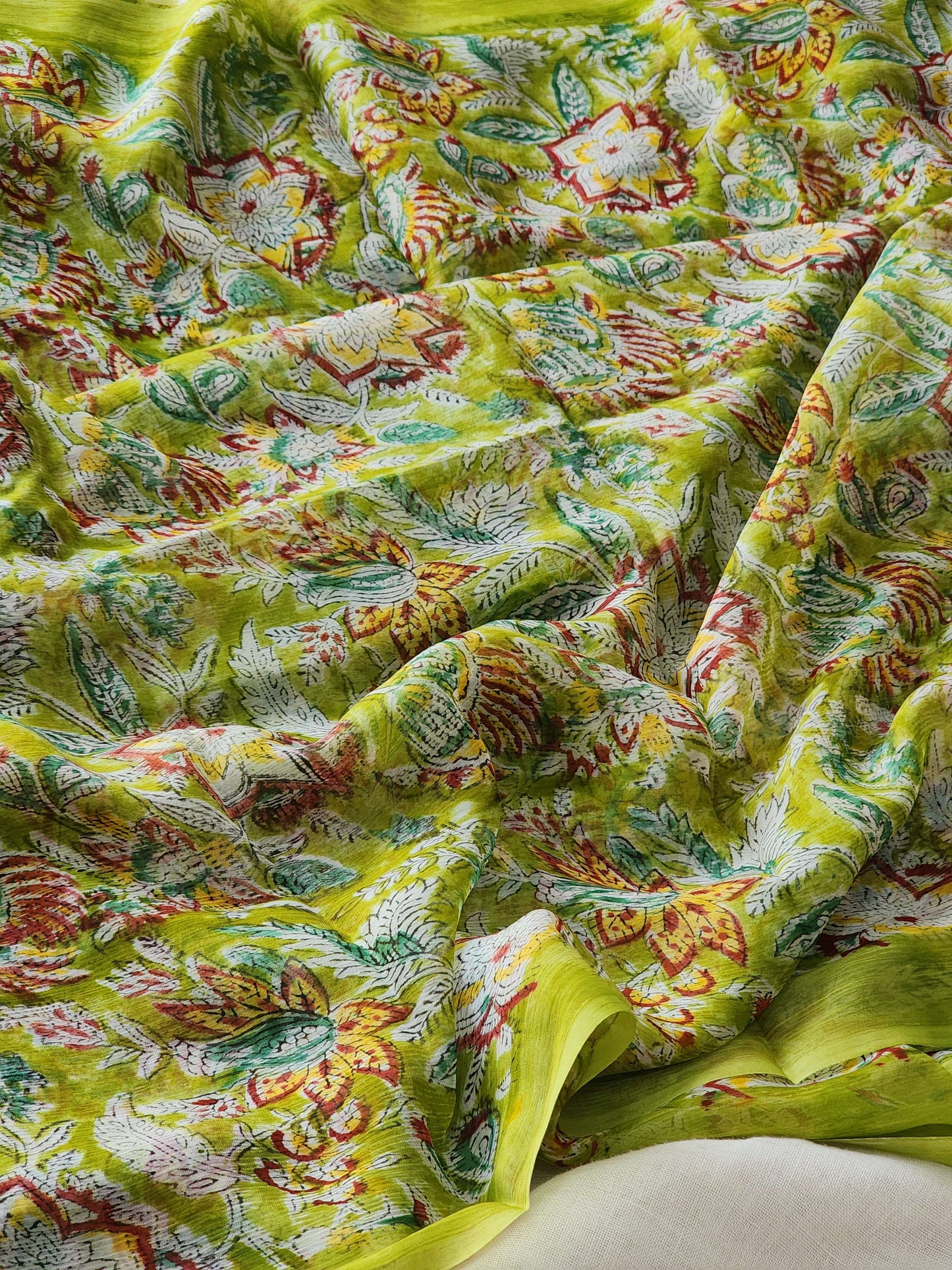 Green Chiffon Handblock Saree