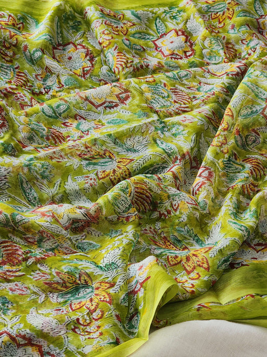 Green Chiffon Handblock Saree