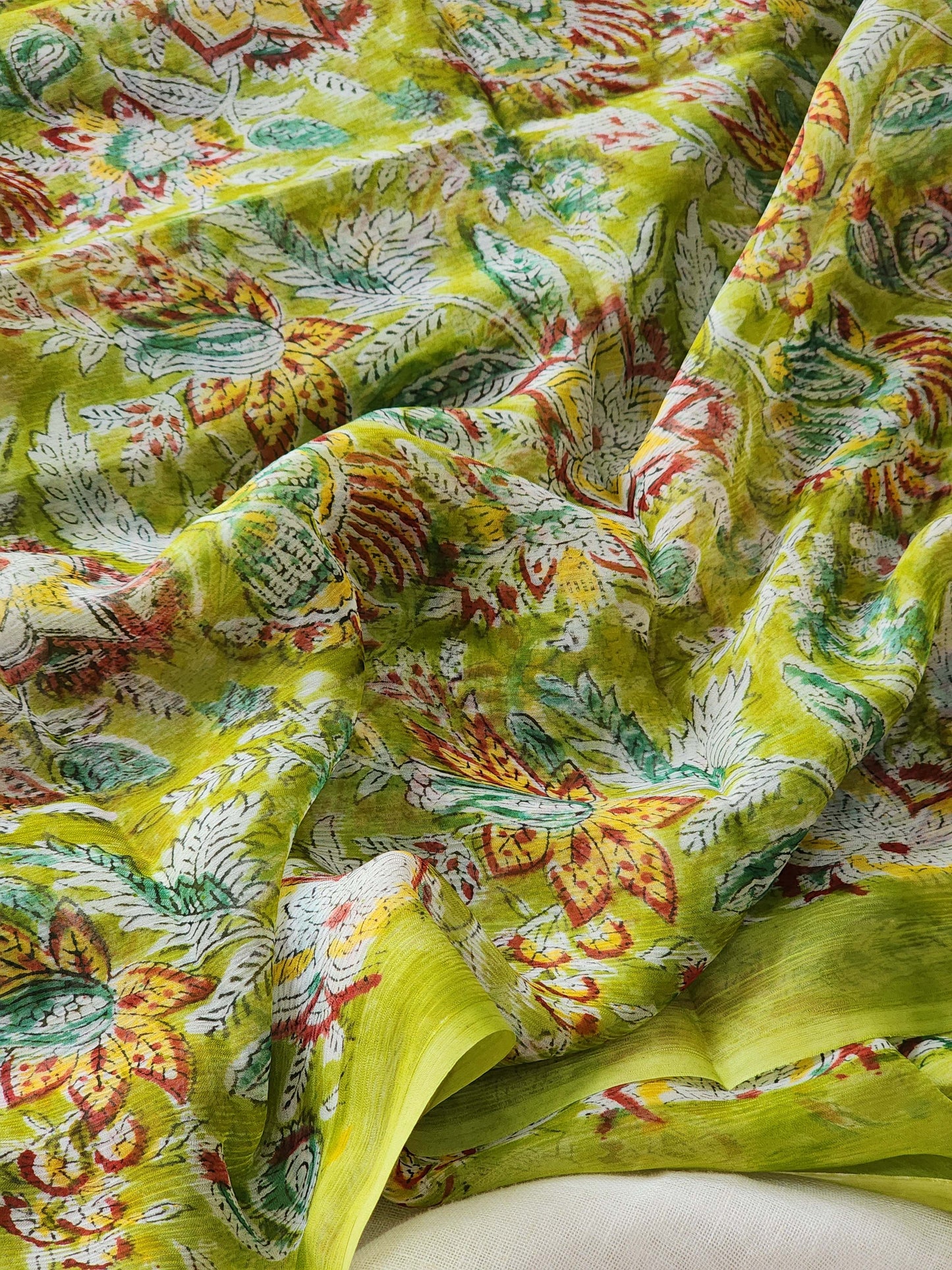 Green Chiffon Handblock Saree