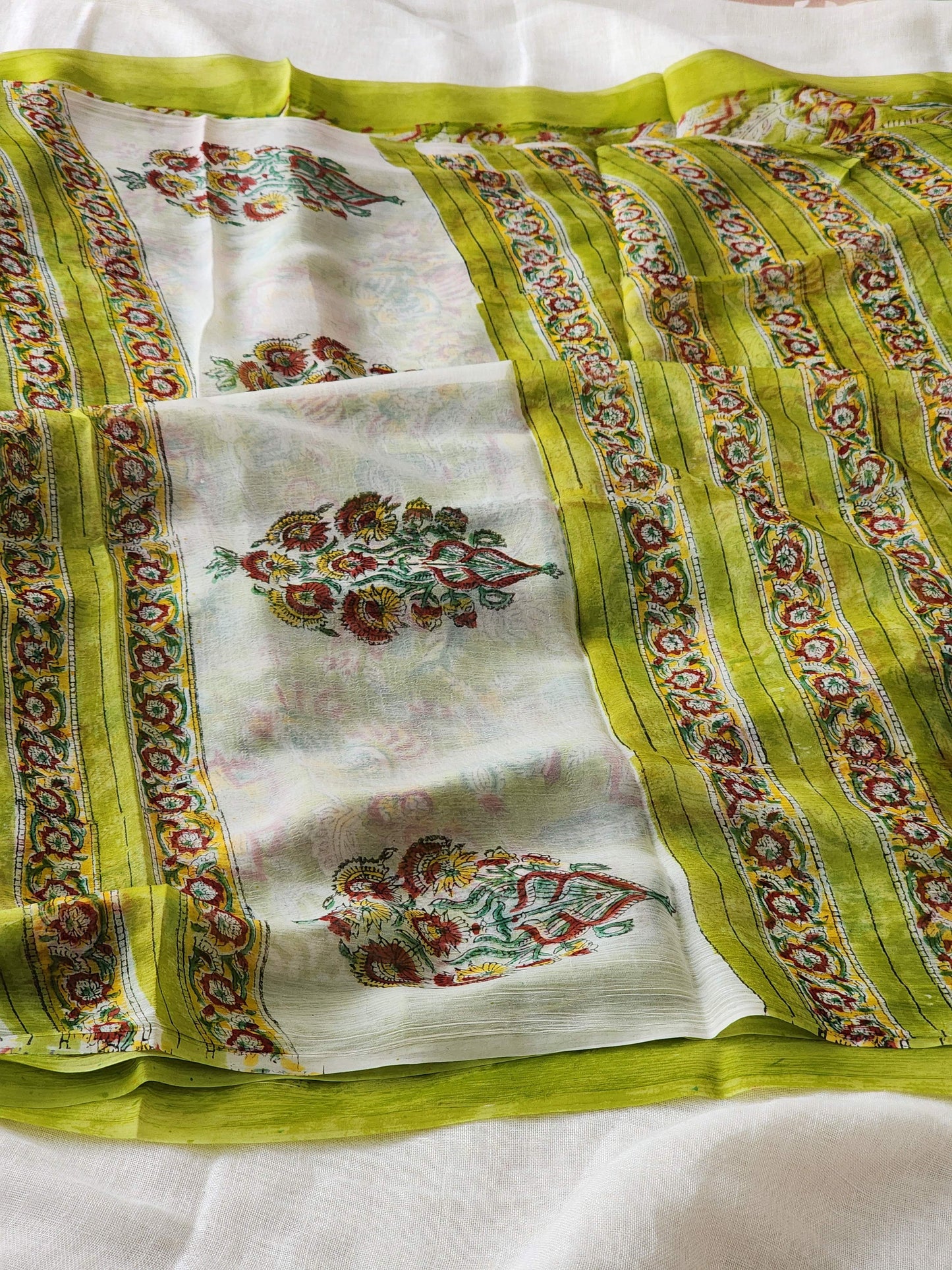 Green Chiffon Handblock Saree