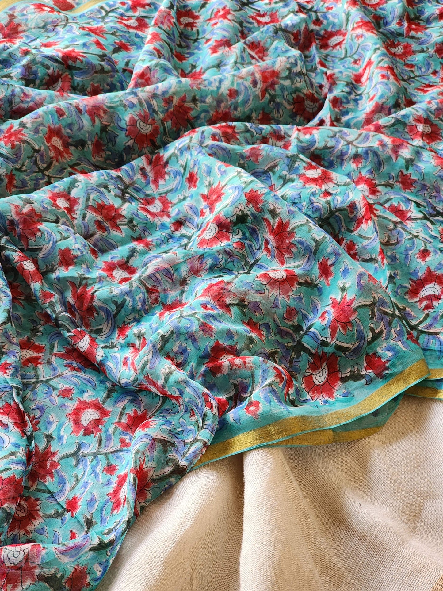 Blue Chiffon Handblock Saree