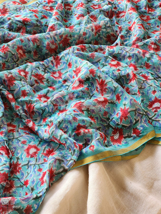 Blue Chiffon Handblock Saree