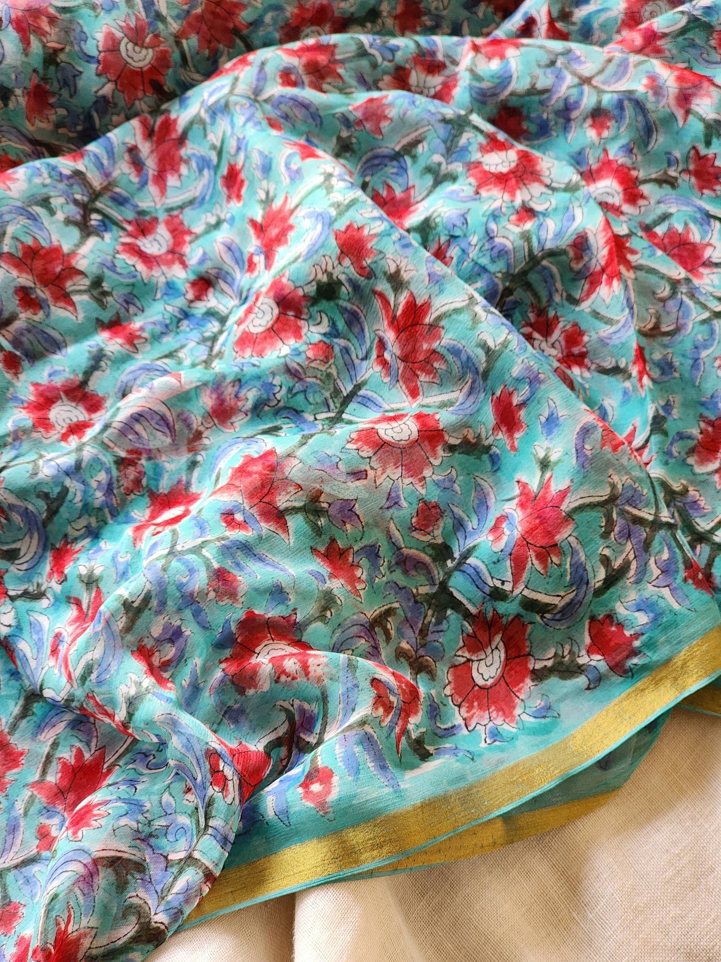 Blue Chiffon Handblock Saree