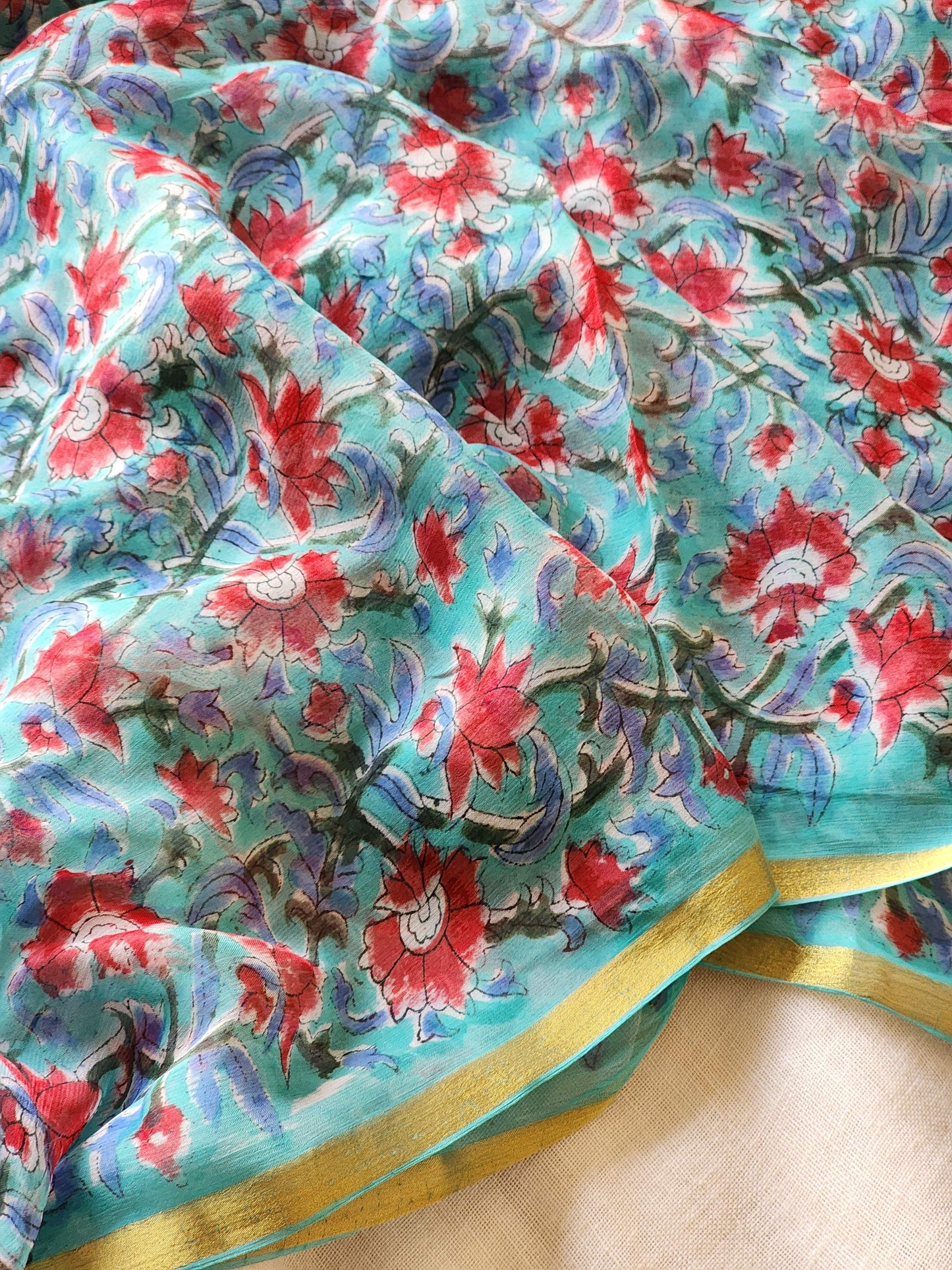 Blue Chiffon Handblock Saree