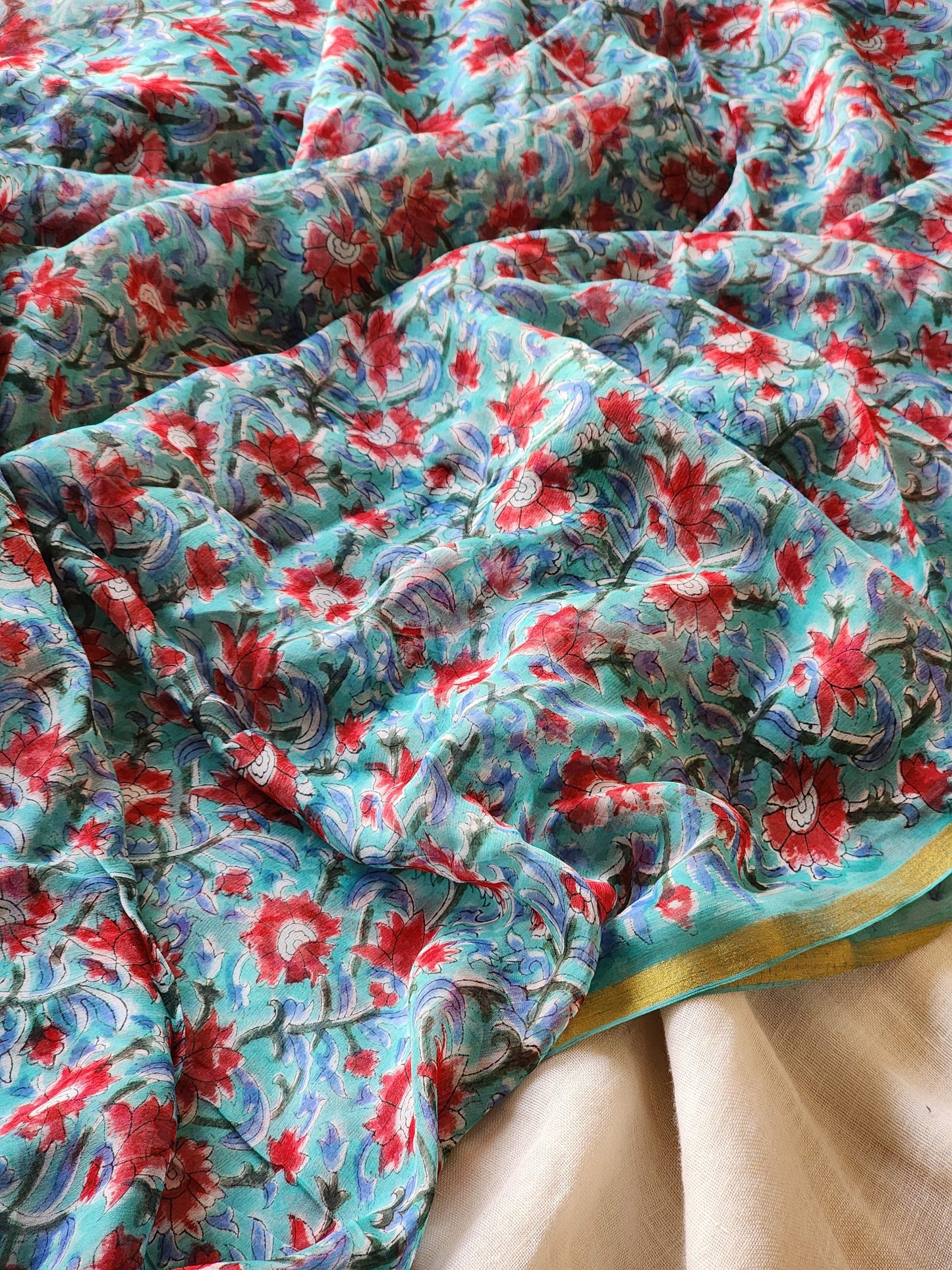 Blue Chiffon Handblock Saree