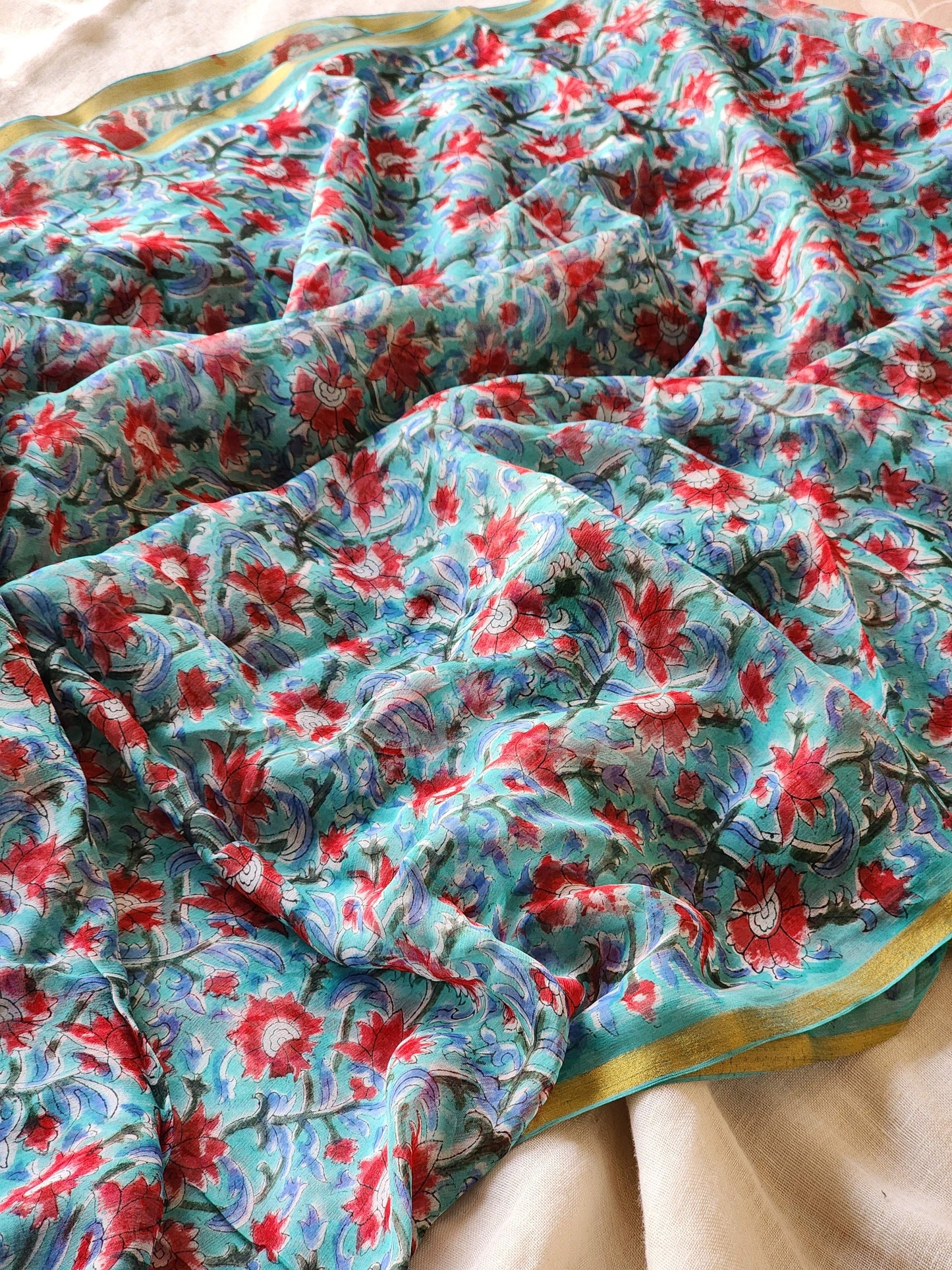 Blue Chiffon Handblock Saree