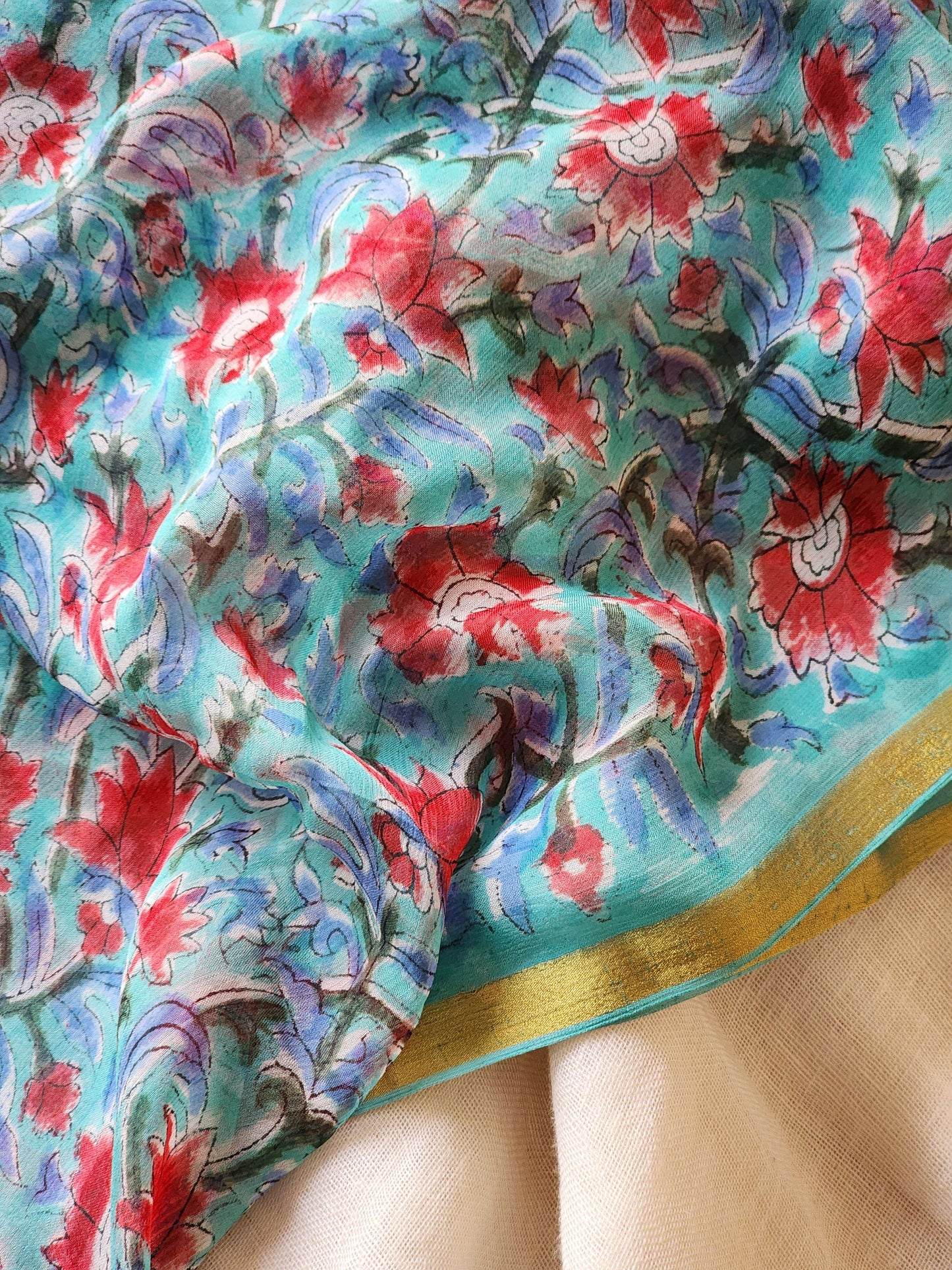 Blue Chiffon Handblock Saree
