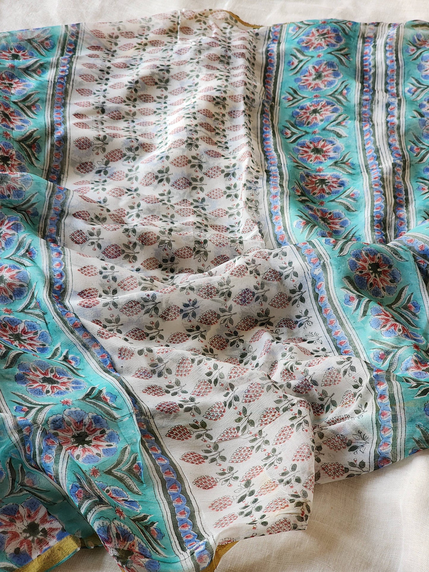 Blue Chiffon Handblock Saree