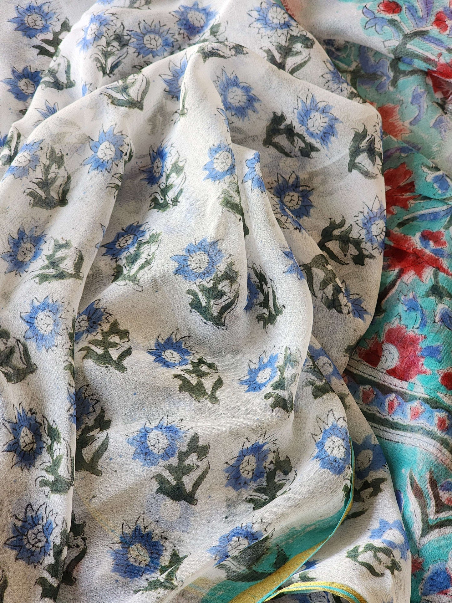 Blue Chiffon Handblock Saree