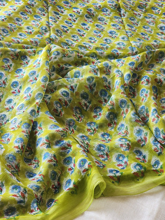 Green Chiffon Handblock Saree