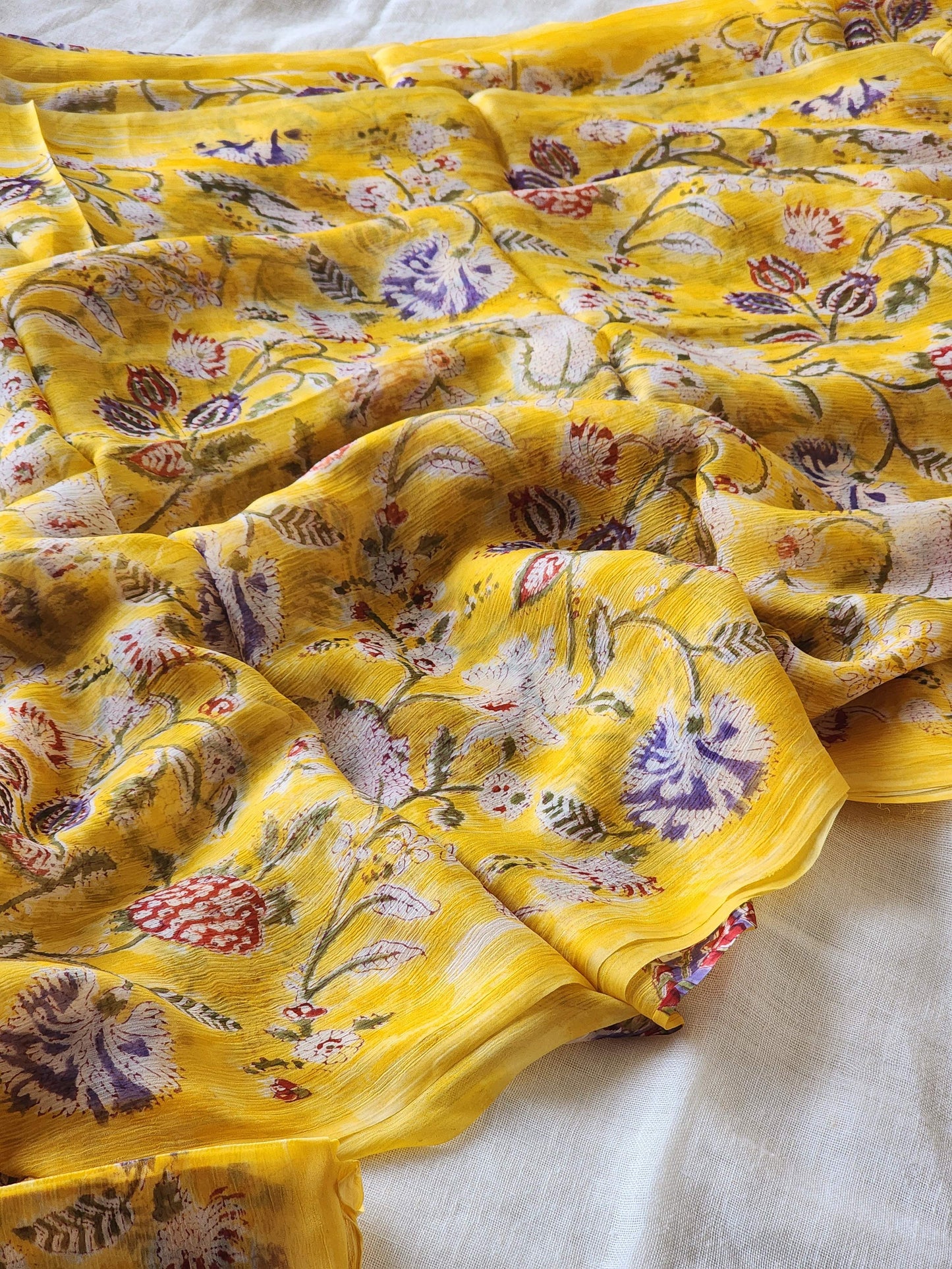 Yellow Chiffon Handblock Saree