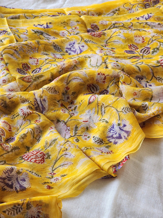 Yellow Chiffon Handblock Saree