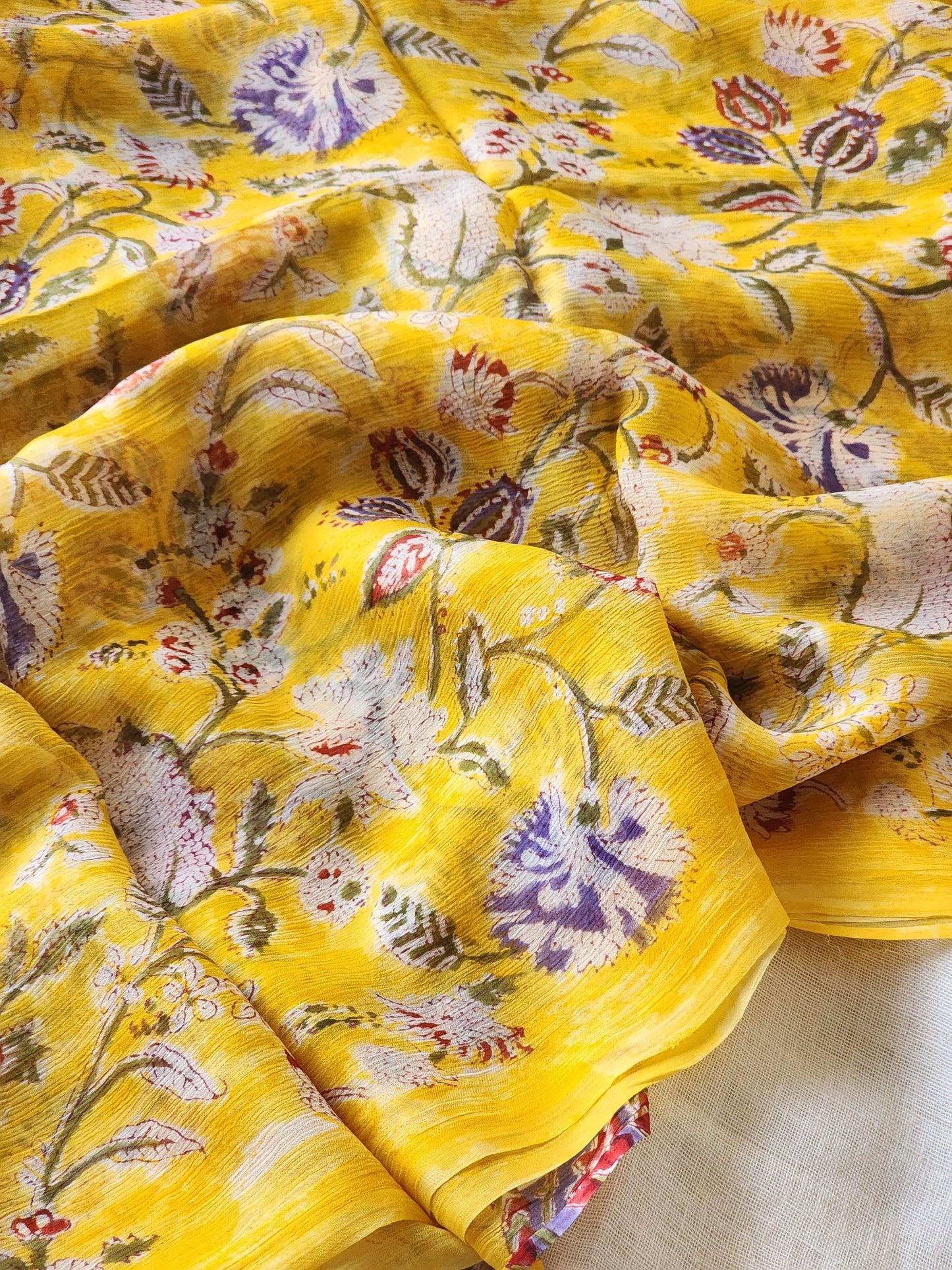 Yellow Chiffon Handblock Saree