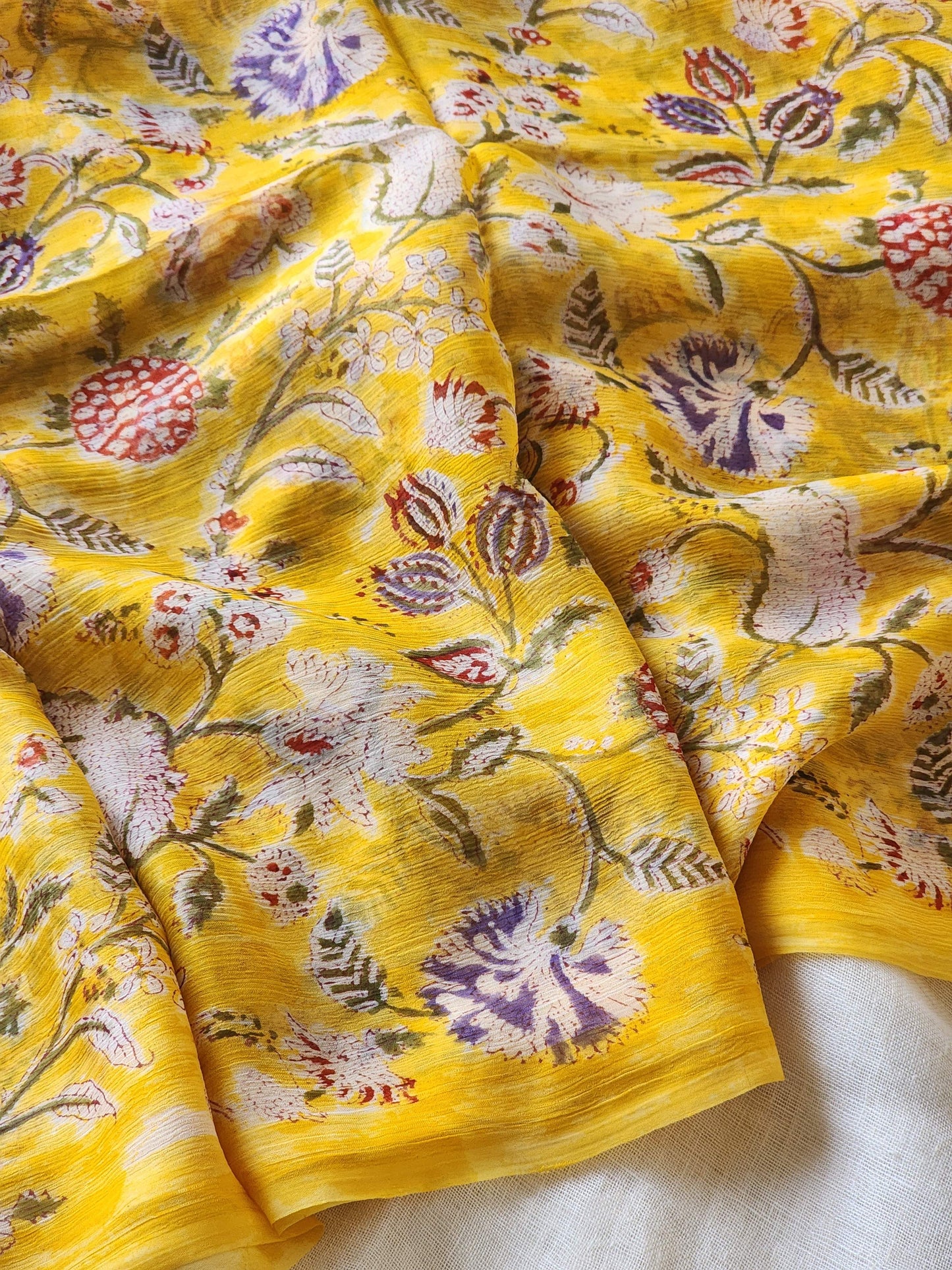 Yellow Chiffon Handblock Saree