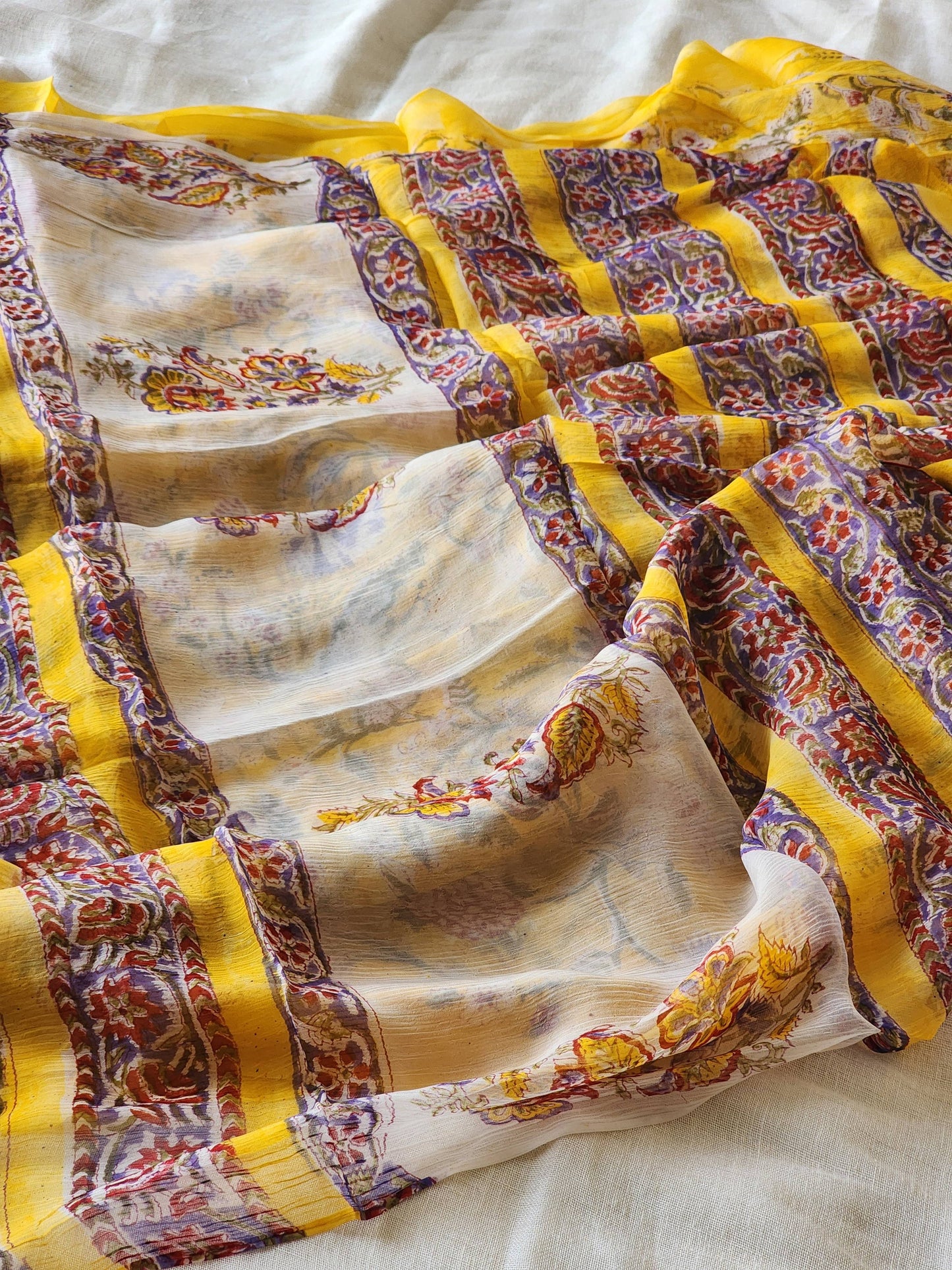 Yellow Chiffon Handblock Saree