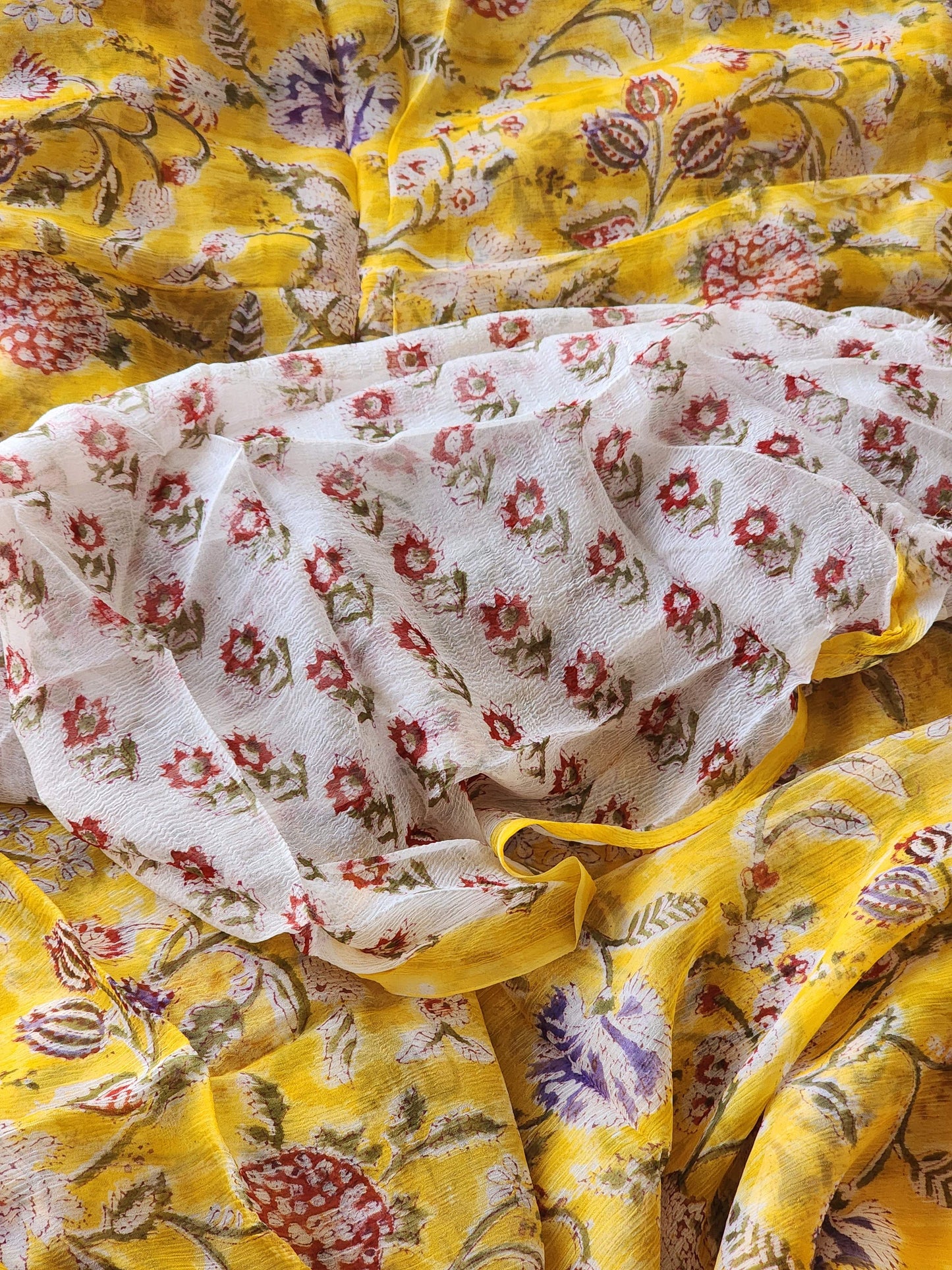 Yellow Chiffon Handblock Saree