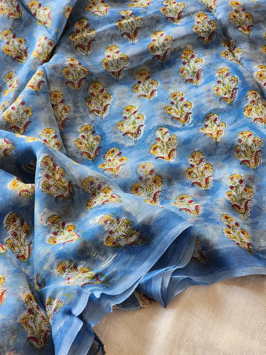 Blue Chiffon Handblock Saree