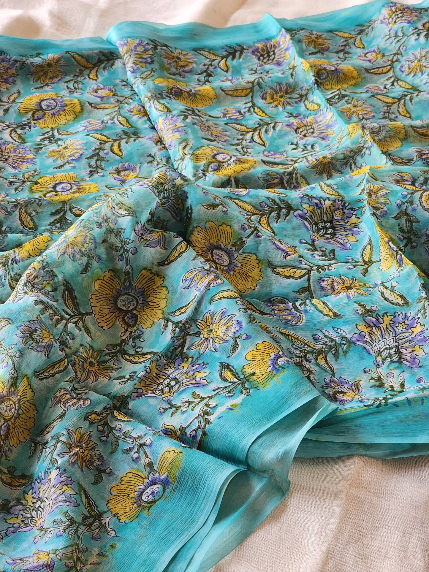 Sea Green Chiffon Handblock Saree